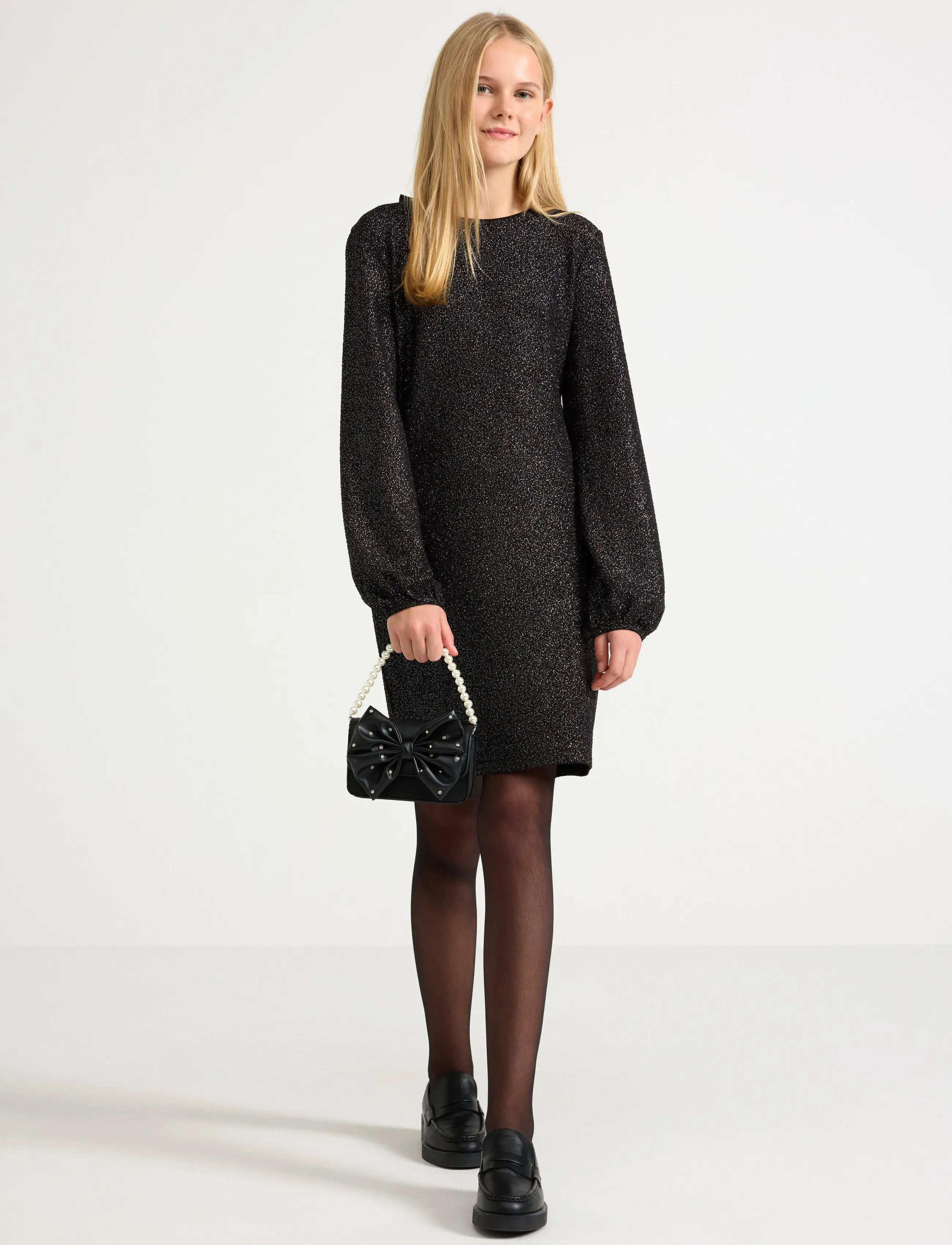 Lindex Klänning Med Rosettdetalj, 170, Casual Dresses, Schwarz - Long-sleeved Kinder