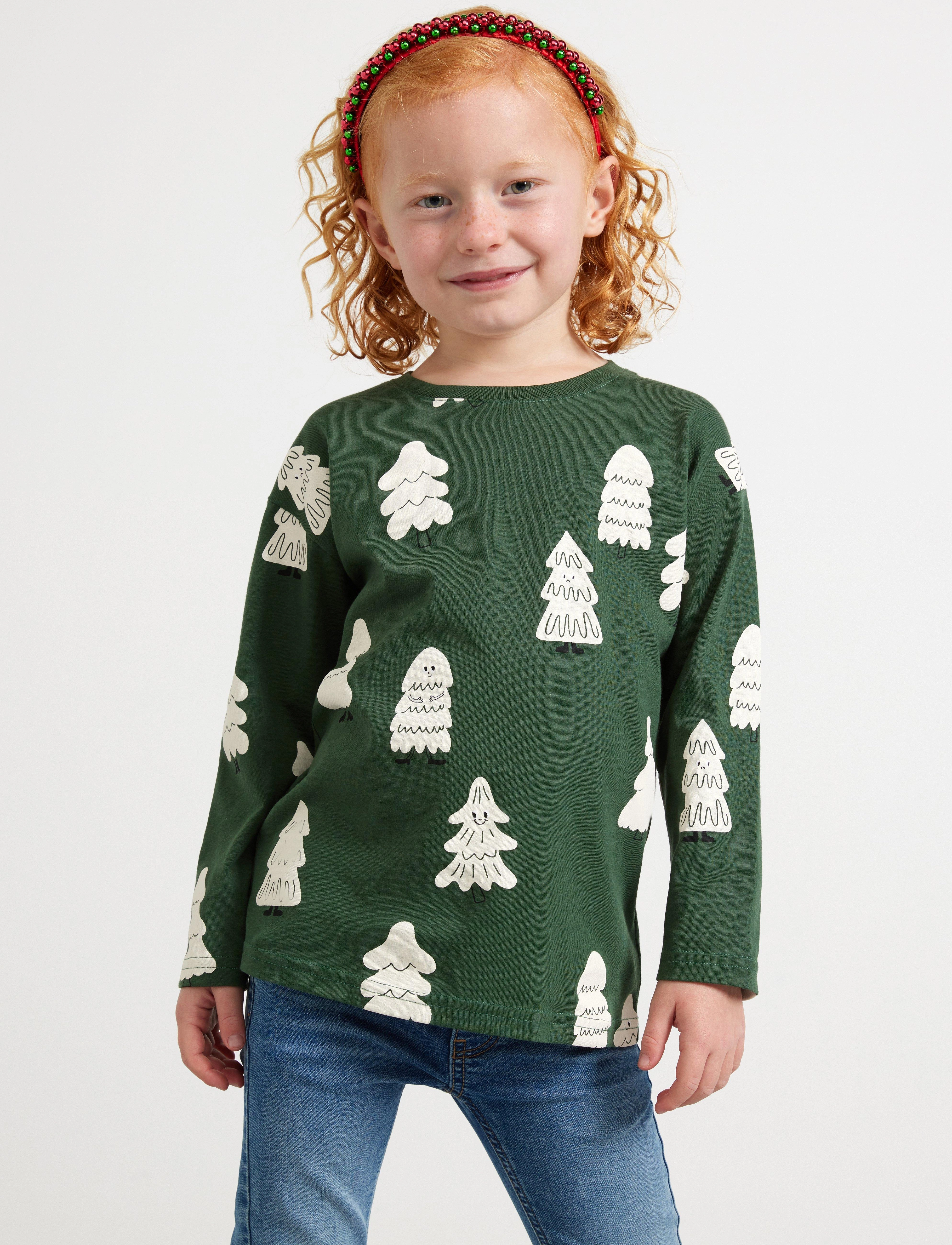 Lindex Top LS happy tree aop - Oberteile & T-Shirts - DARK DUSTY GREEN / green