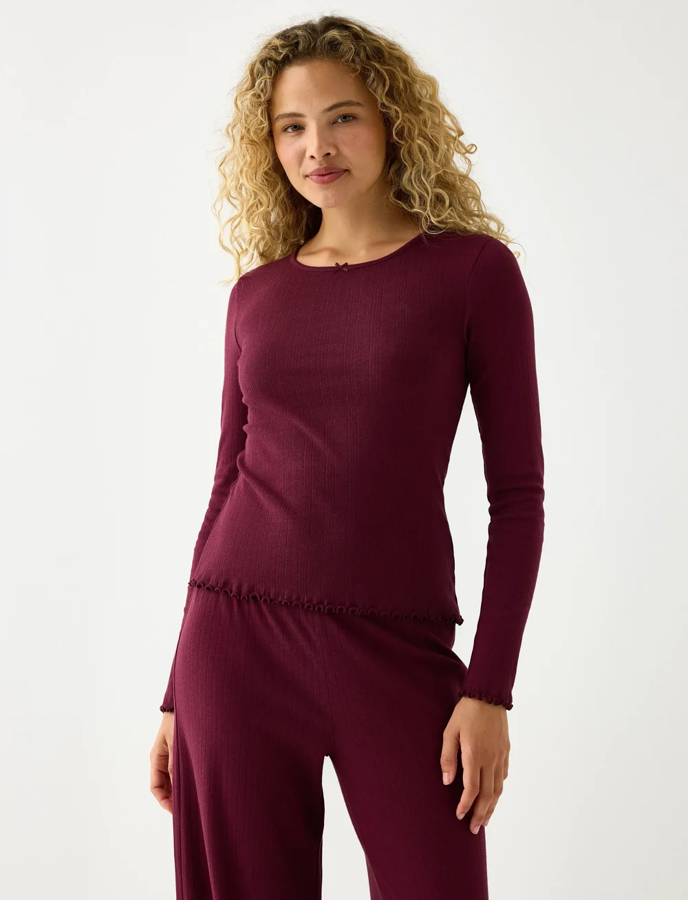 Lindex - Top pointelle with lettuce edg - Överdelar - dark dusty red - 0