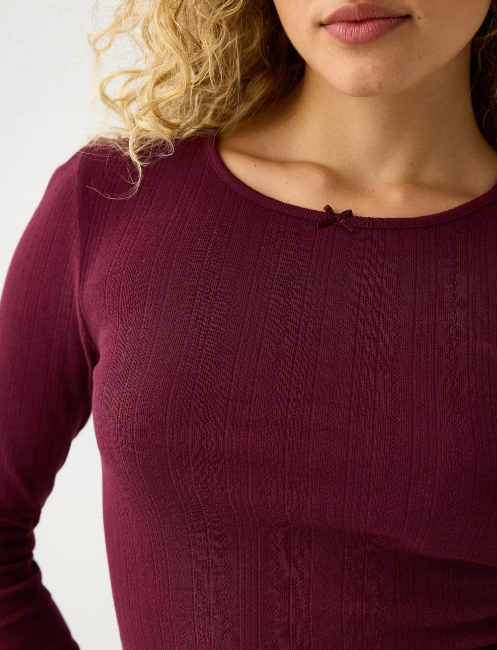 Lindex - Top pointelle with lettuce edg - Överdelar - dark dusty red - 4