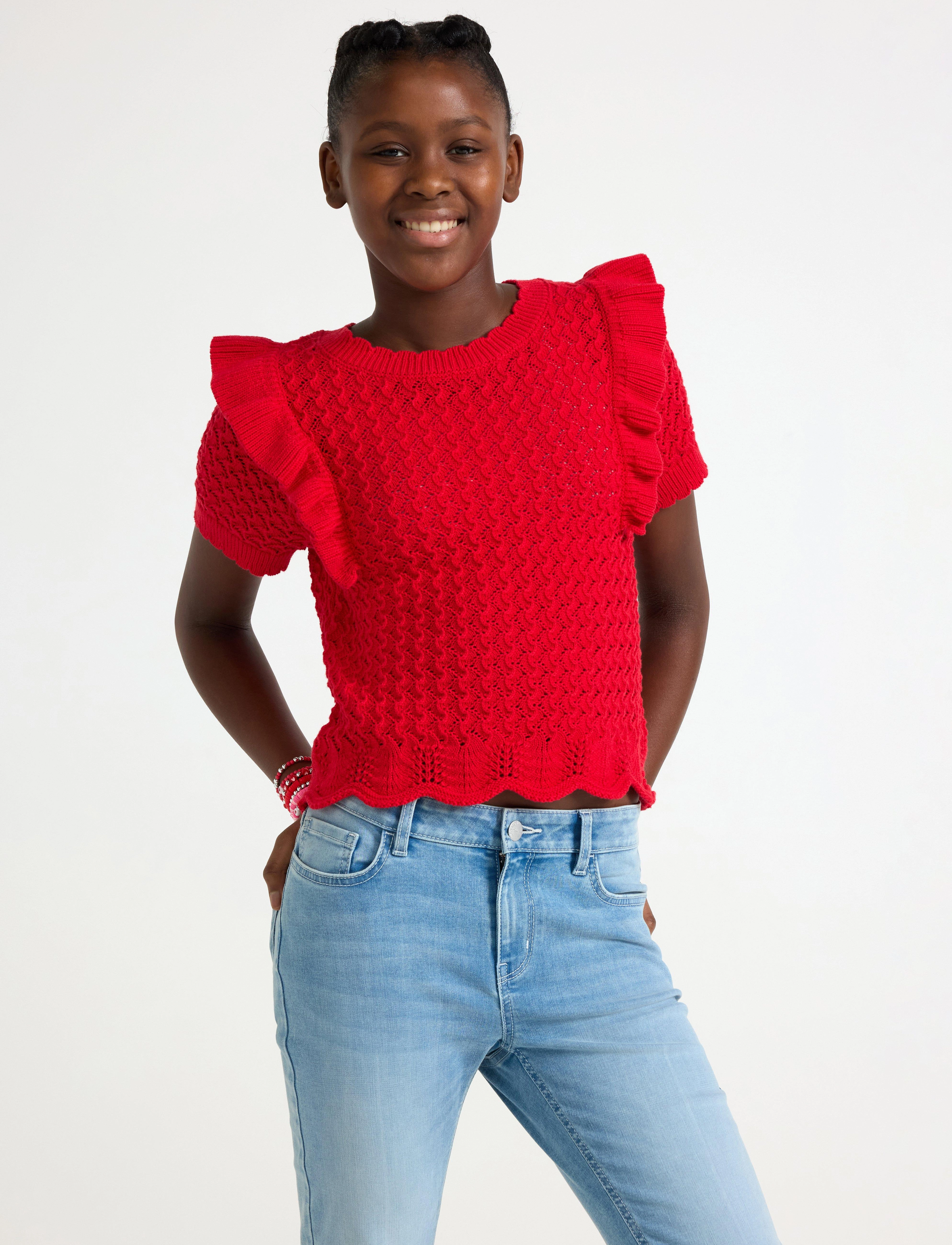 Lindex Top Knitted With Flounce, 170, T-shirts, Rot - Short-sleeved, Kinder