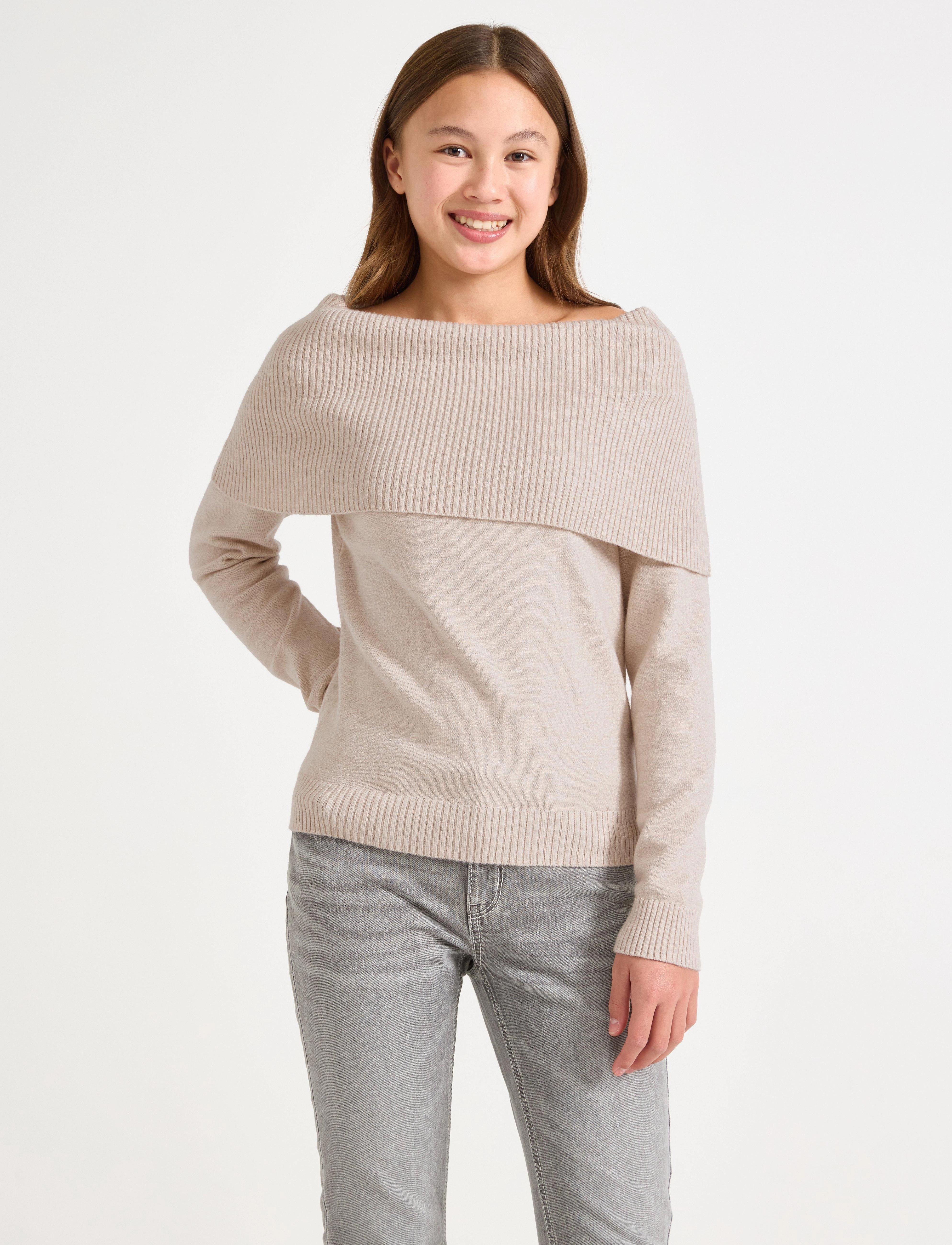 Lindex Sweater Knitted Fold Down, 128, Beige, Strik > Pullovere, Børn
