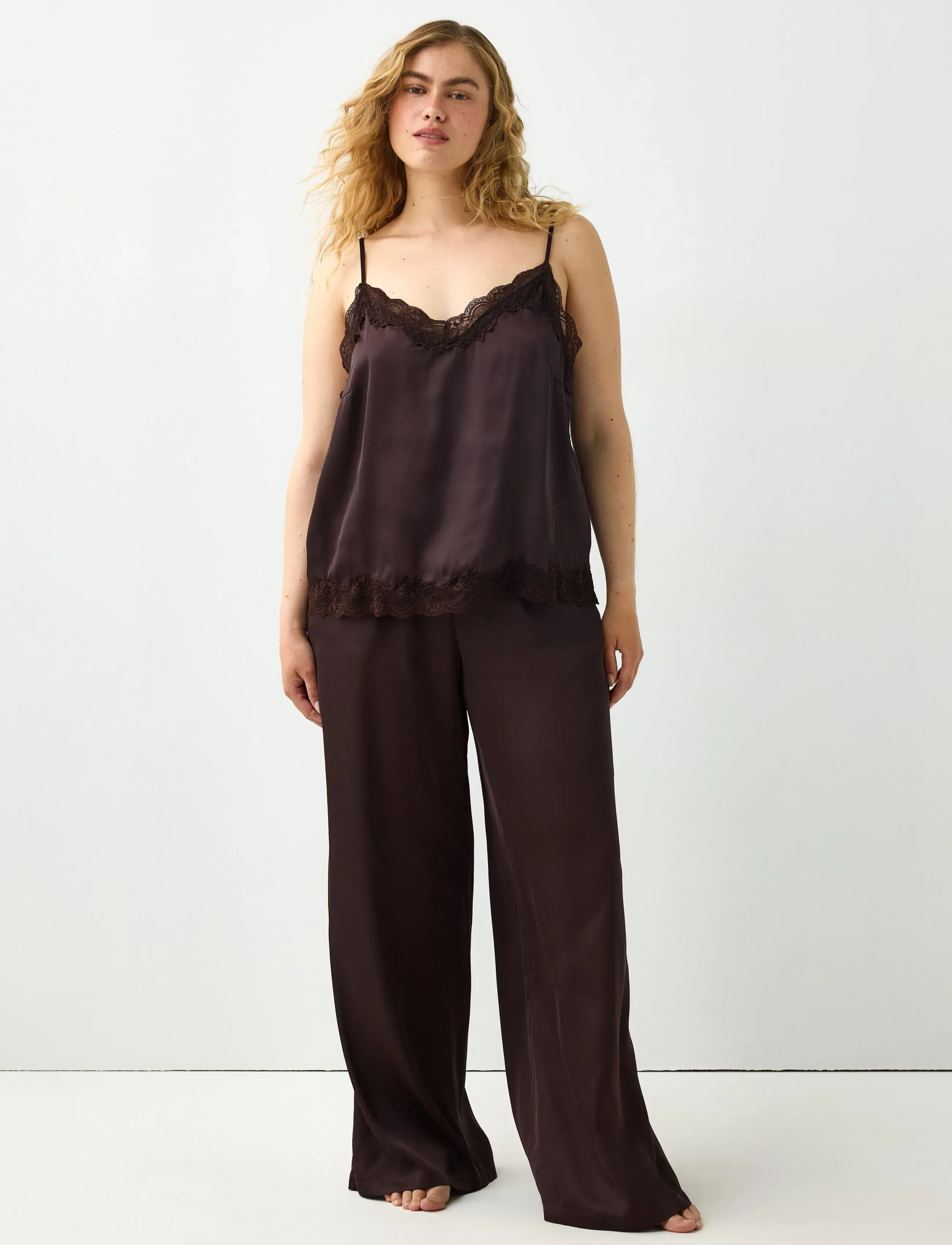 Lindex Pyjama Trousers In Satin, M, Brown, Bukser > Brede Ben, Dame