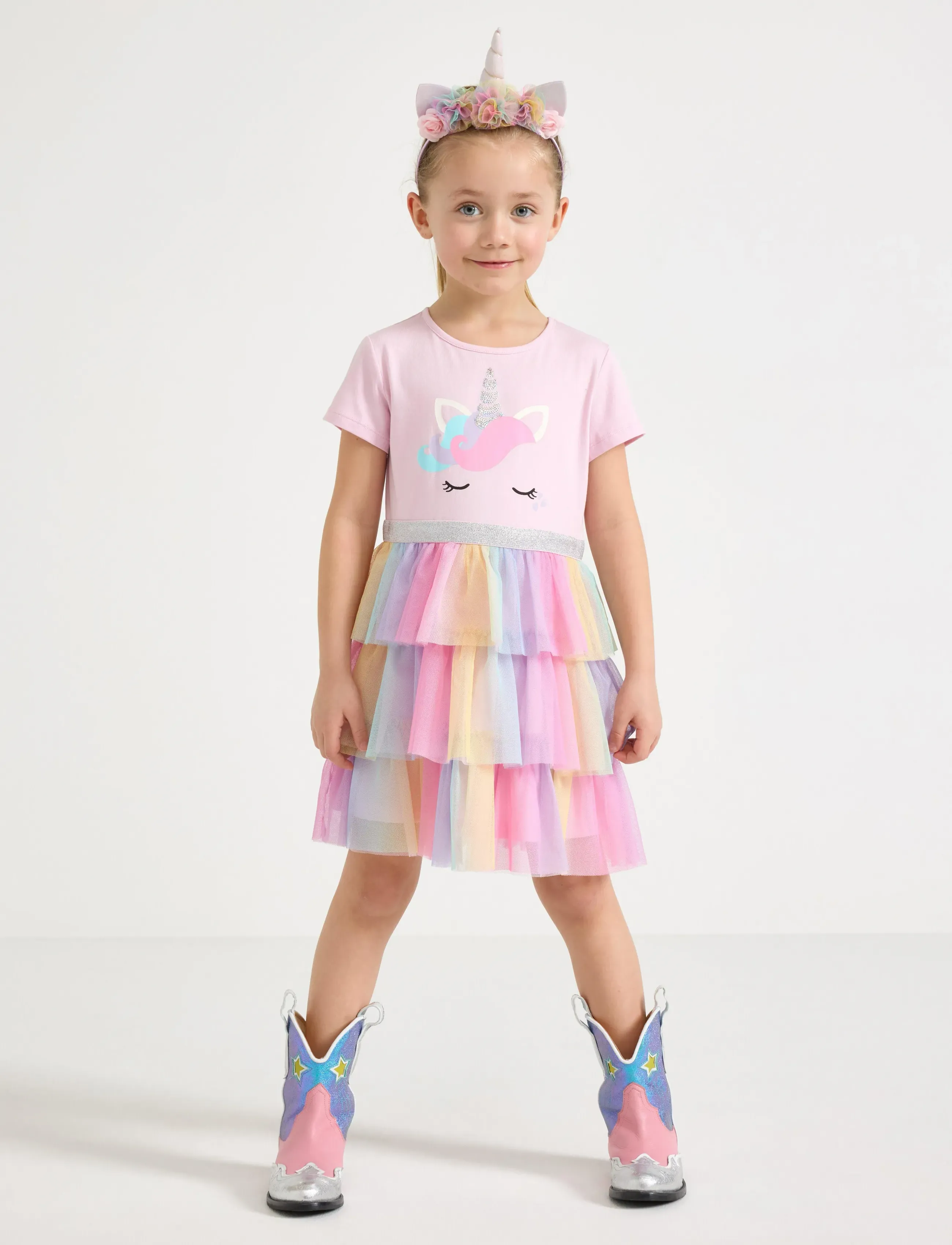 Lindex Short-Sleeved Flounce Dress, 104, Casual Dresses, Mehrfarbig/gemustert - Short-sleeved Kinder