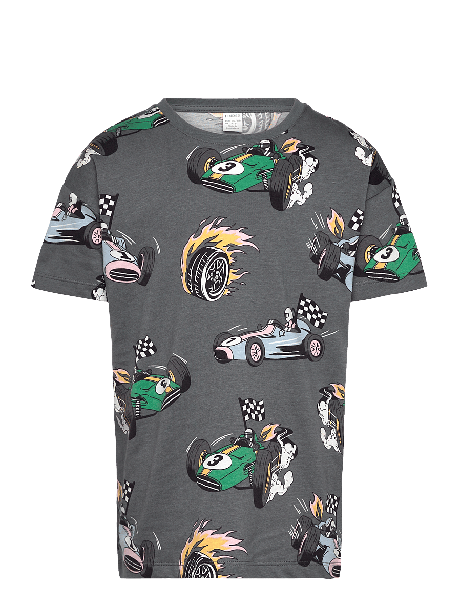 Lindex - Top SS OS Racercars AOP - dark grey - 0