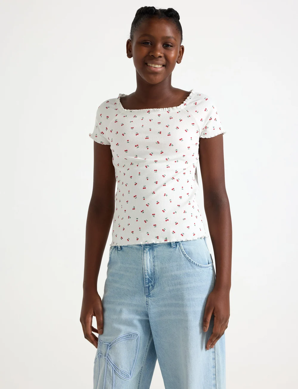 Lindex - Top rib with curly hem and aop - short-sleeved t-shirts - off white - 0