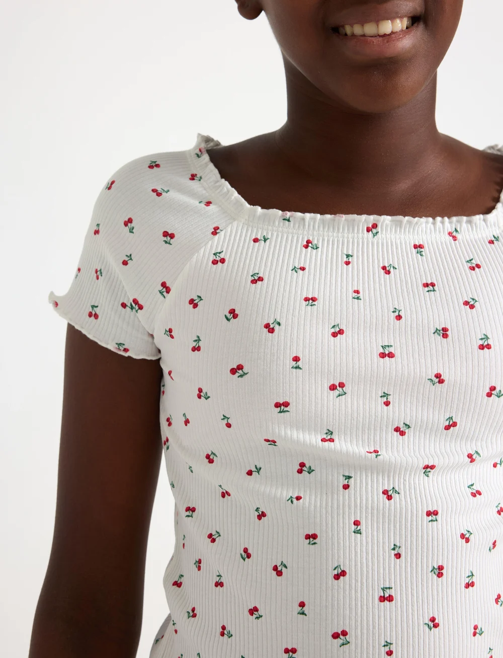 Lindex - Top rib with curly hem and aop - short-sleeved t-shirts - off white - 4