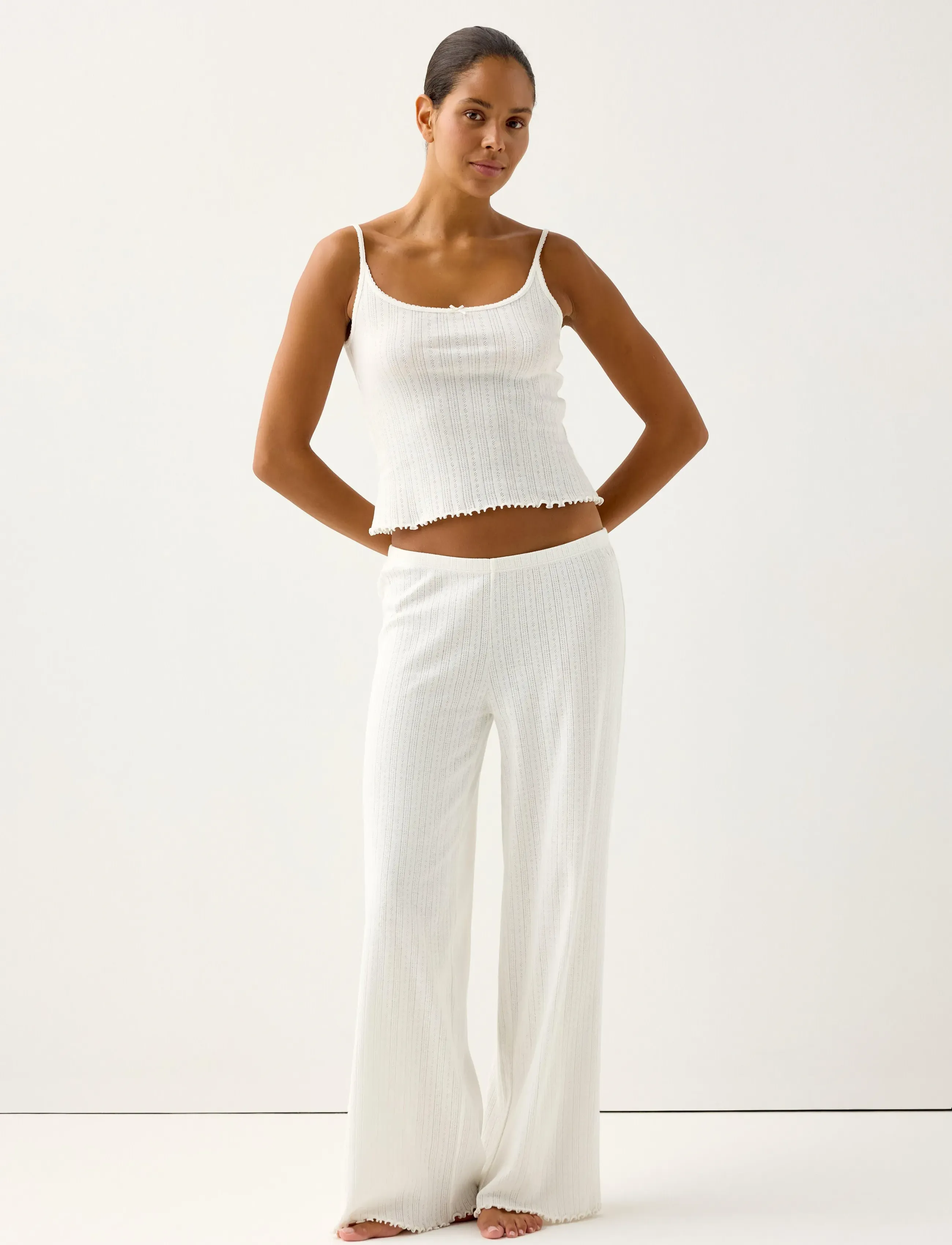 Lindex Wide Pyjama Trousers In Pointelle, Kvinder, Brede Pyjamasbukser, Hvid, Str: XS