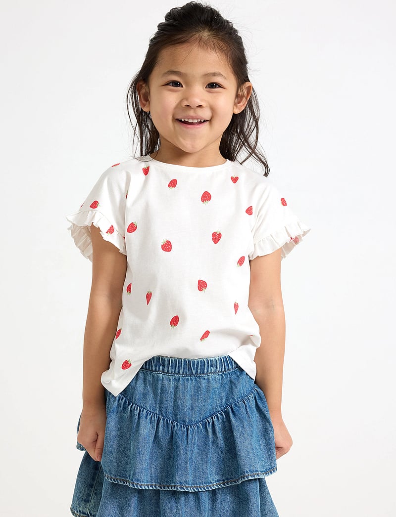 Lindex - Top dropped shoulder frill AOP - kortærmede t-shirts - light dusty white - 0