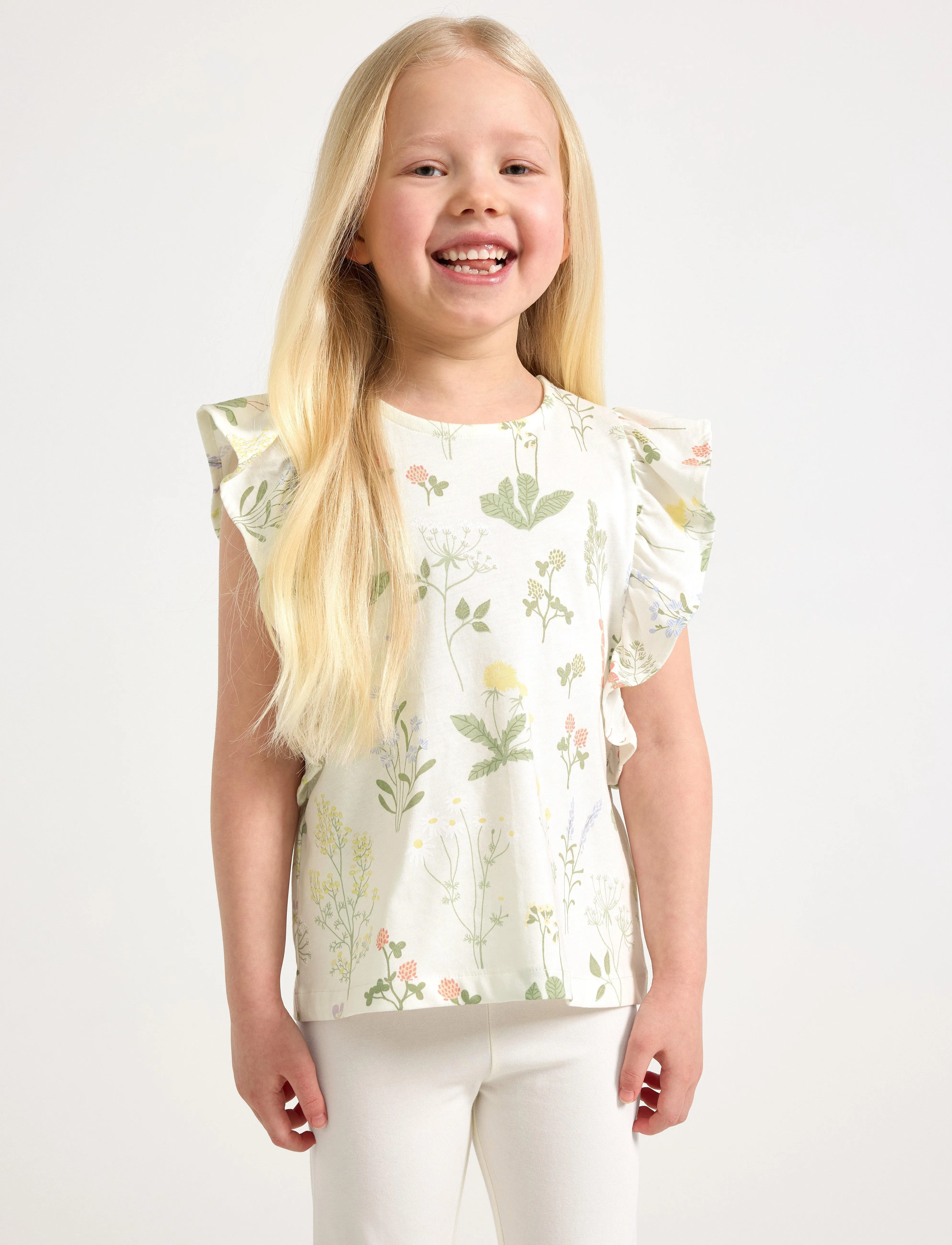 Lindex Top Ss Flounces Aop, 110, T-shirts, Weiß - Sleeveless, Kinder