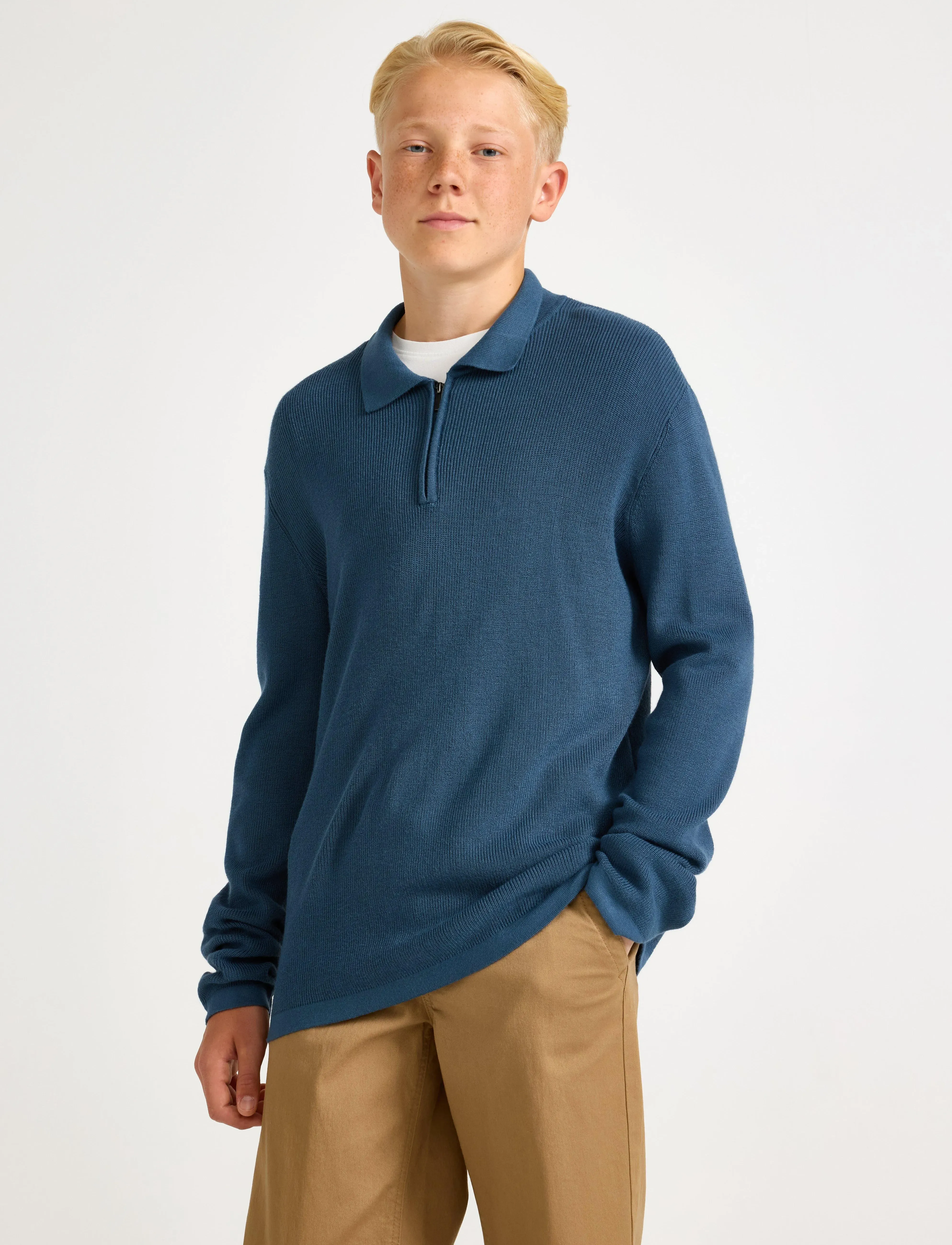 Lindex Sweater Rib Knit Collar, 170, Blue, Polo Skjorter > Langærmede Polo Shirts, Børn
