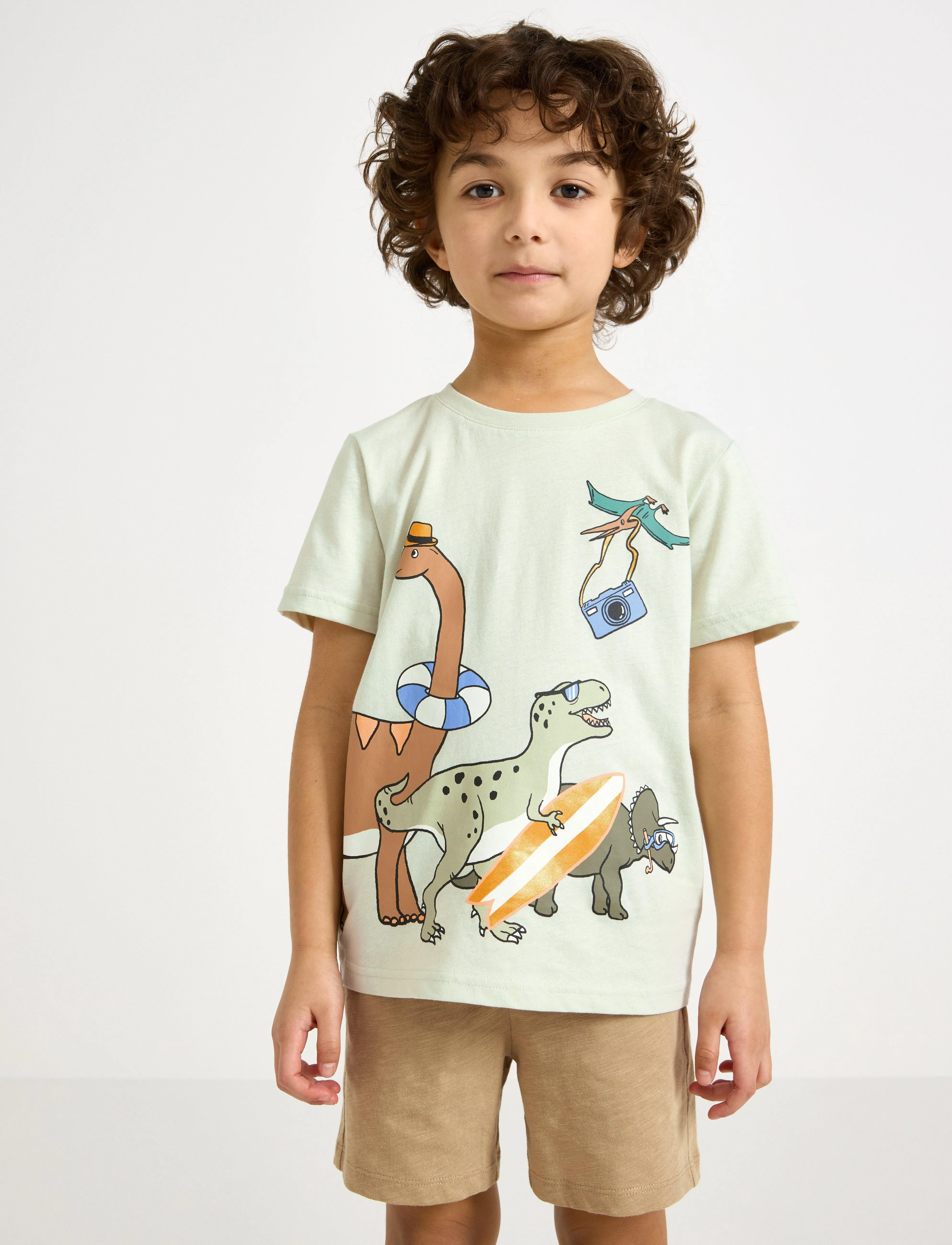 Lindex Top SS Dinos Summer front - Oberteile & T-Shirts - LIGHT DUSTY GREEN / khaki/green