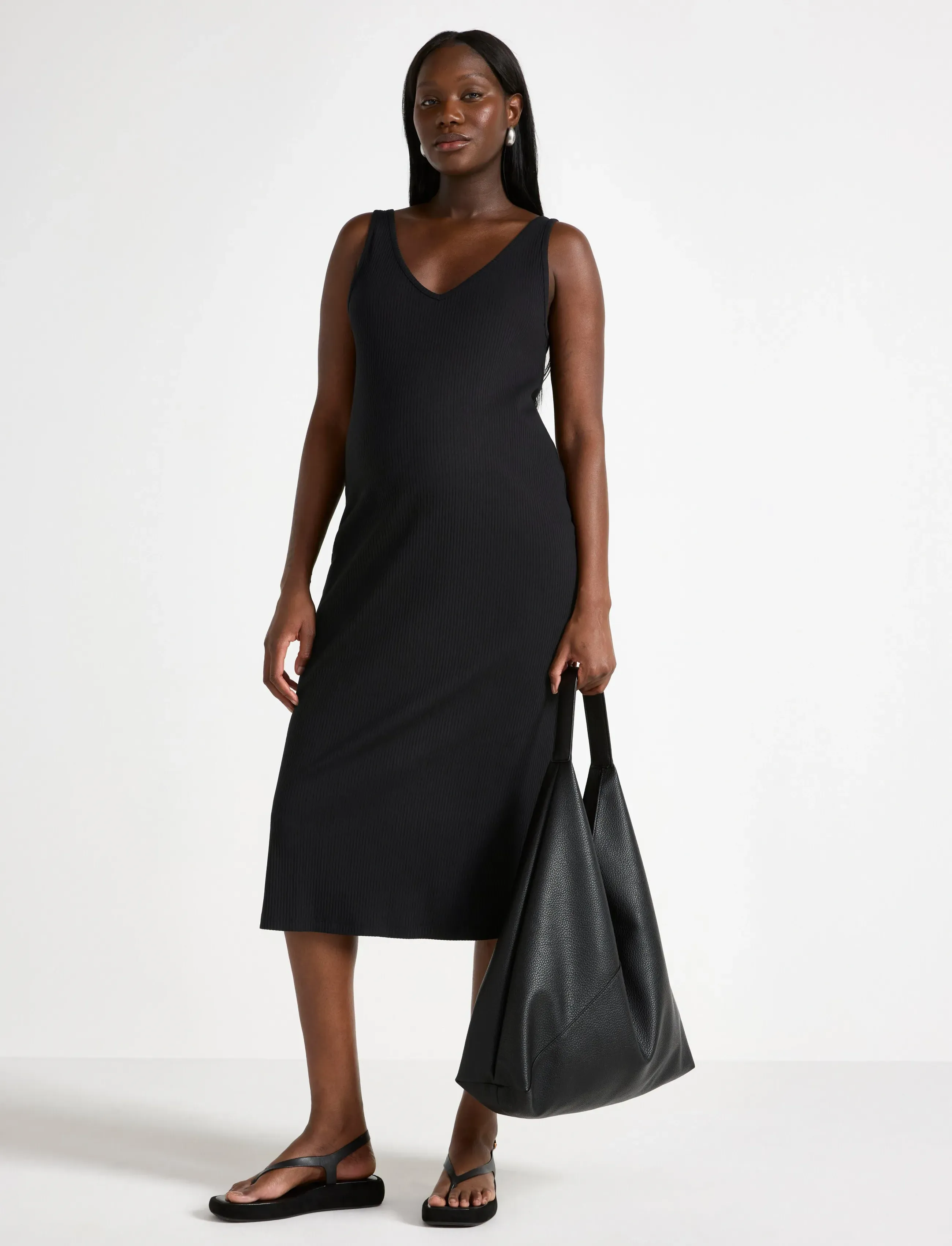 Lindex Mom Ribbed Midi Dress, Kvinder, Ribstrikket V-hals Midikjole, Sort, Str: XXL