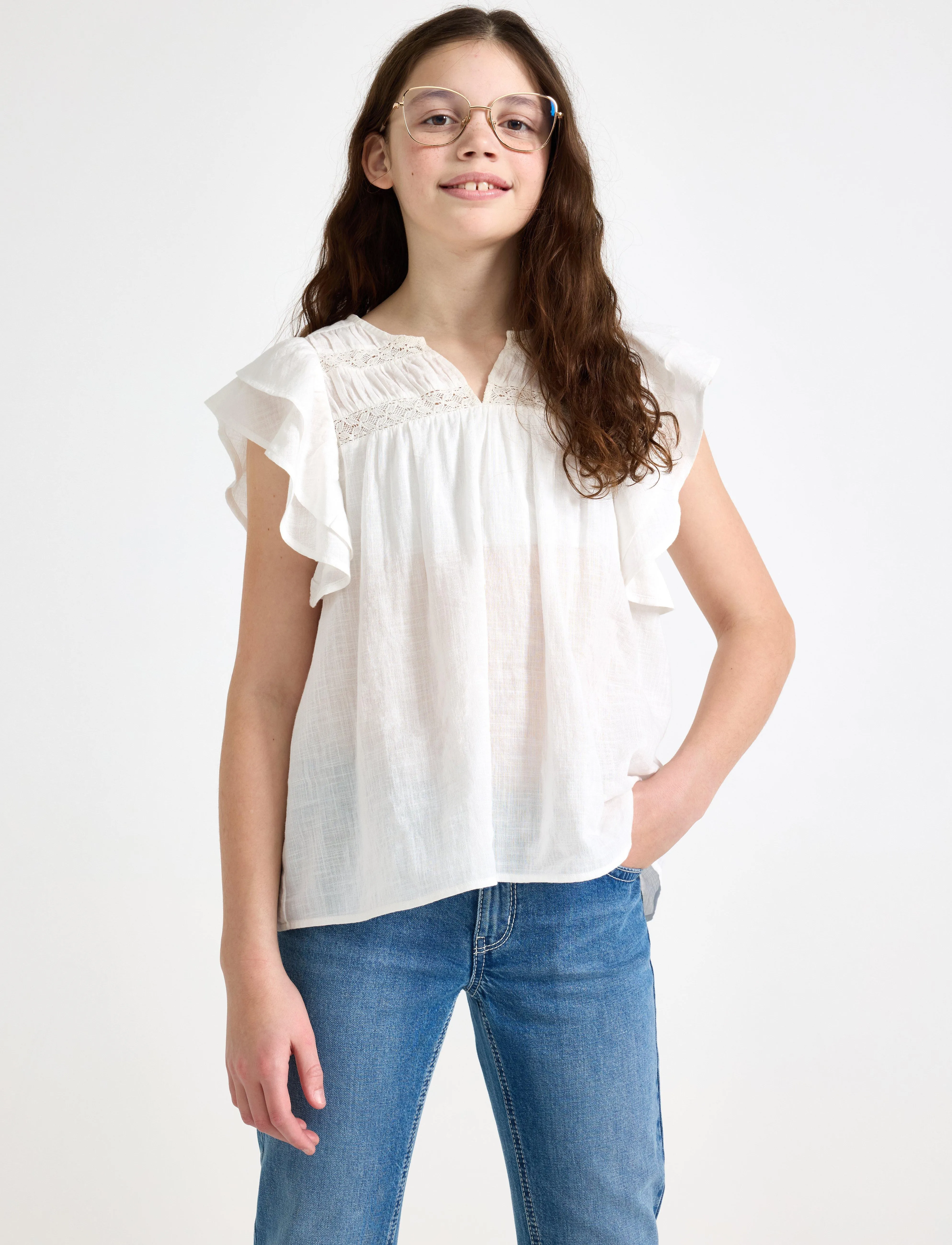 Lindex Blouse Short Sleeve With Floun, 128, Oberteile, Weiß - Blouses & Tunics, Kinder