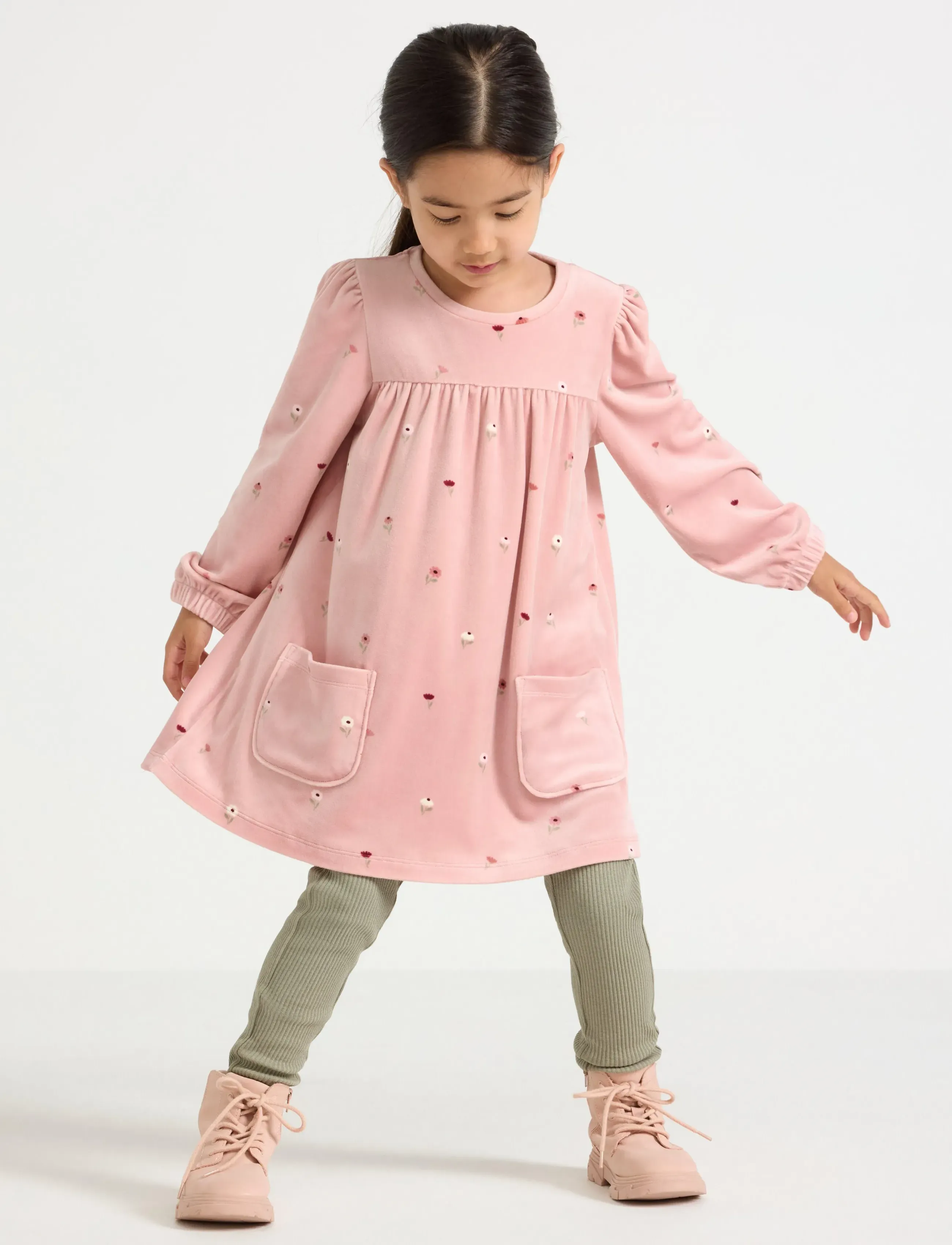 Lindex Tunika I Velour, Børn, Langærmet Broderet Velour Tunika, Pink, Str: 92