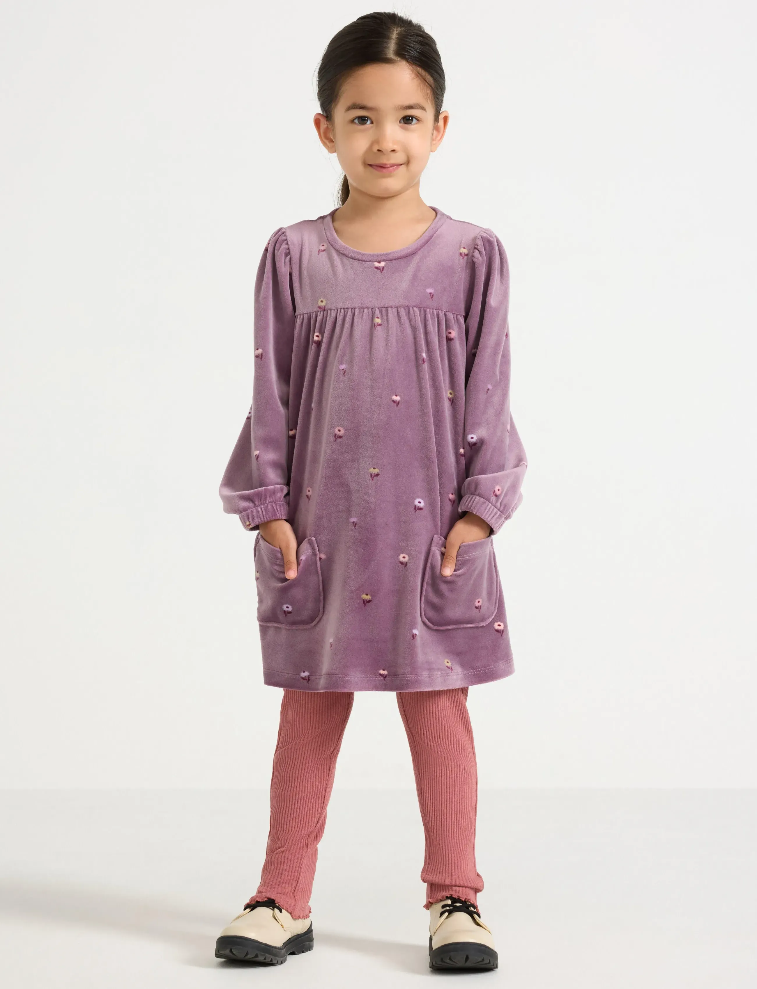Lindex Tunika I Velour, Børn, Langærmet Broderet Velour Tunika, Lila, Str: 98