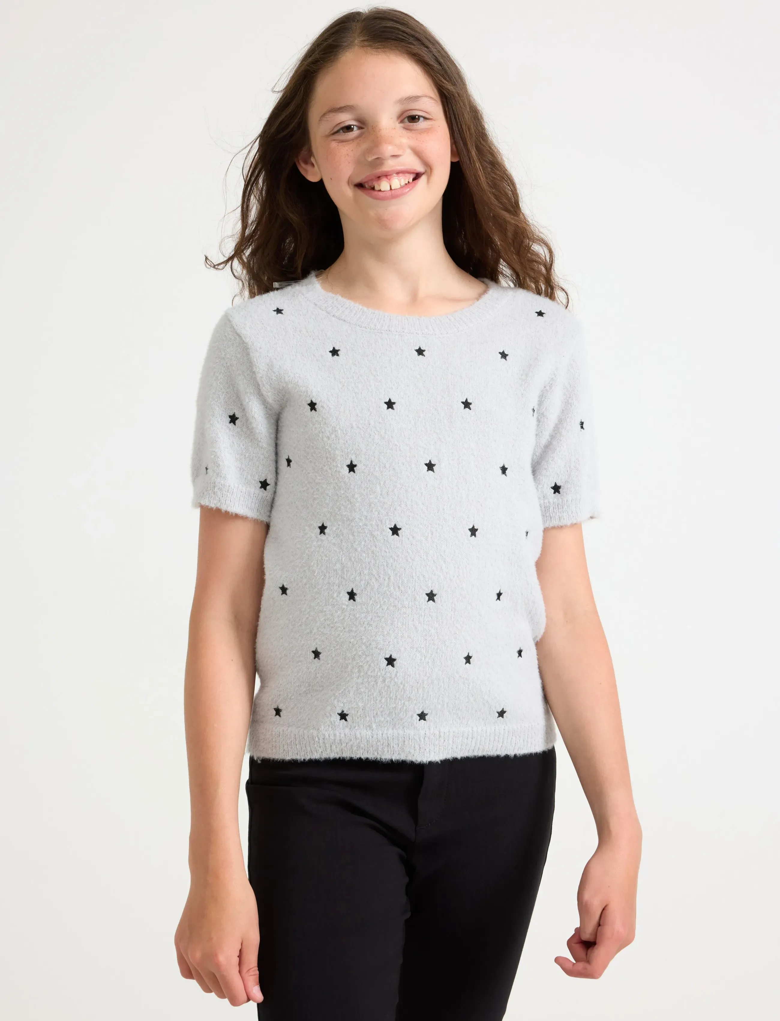 Lindex T Shirt Knitted Featheryarn, Børn, Stjerneprint Strikket T-shirt, Grå, Str: 134/140