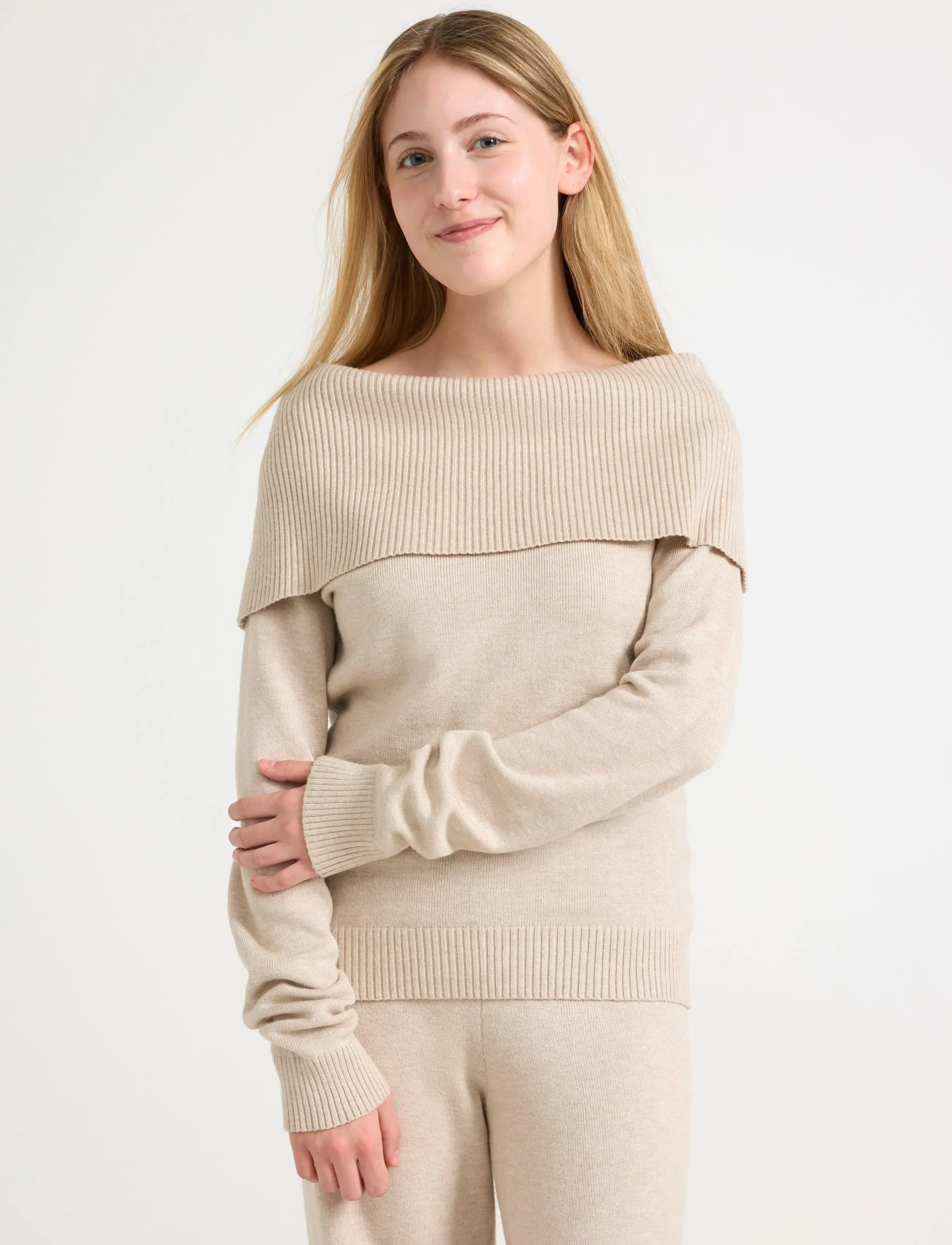 Lindex Sweater Knitted Fold Down, Kvinder, Fold Down Strikket Sweater, Beige, Str: 128