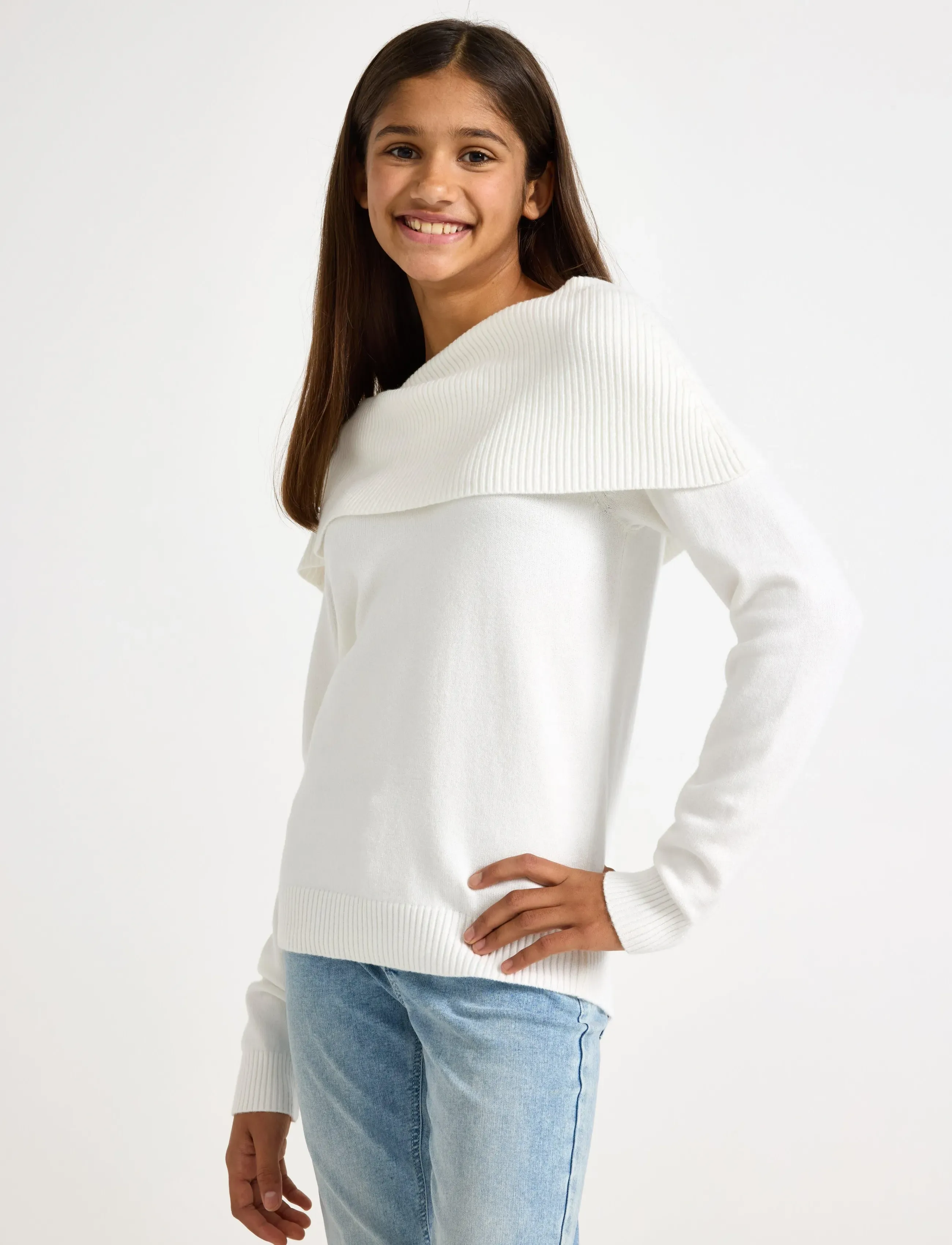 Lindex Sweater Knitted Fold Down, 170, White, Strik > Pullovere, Børn