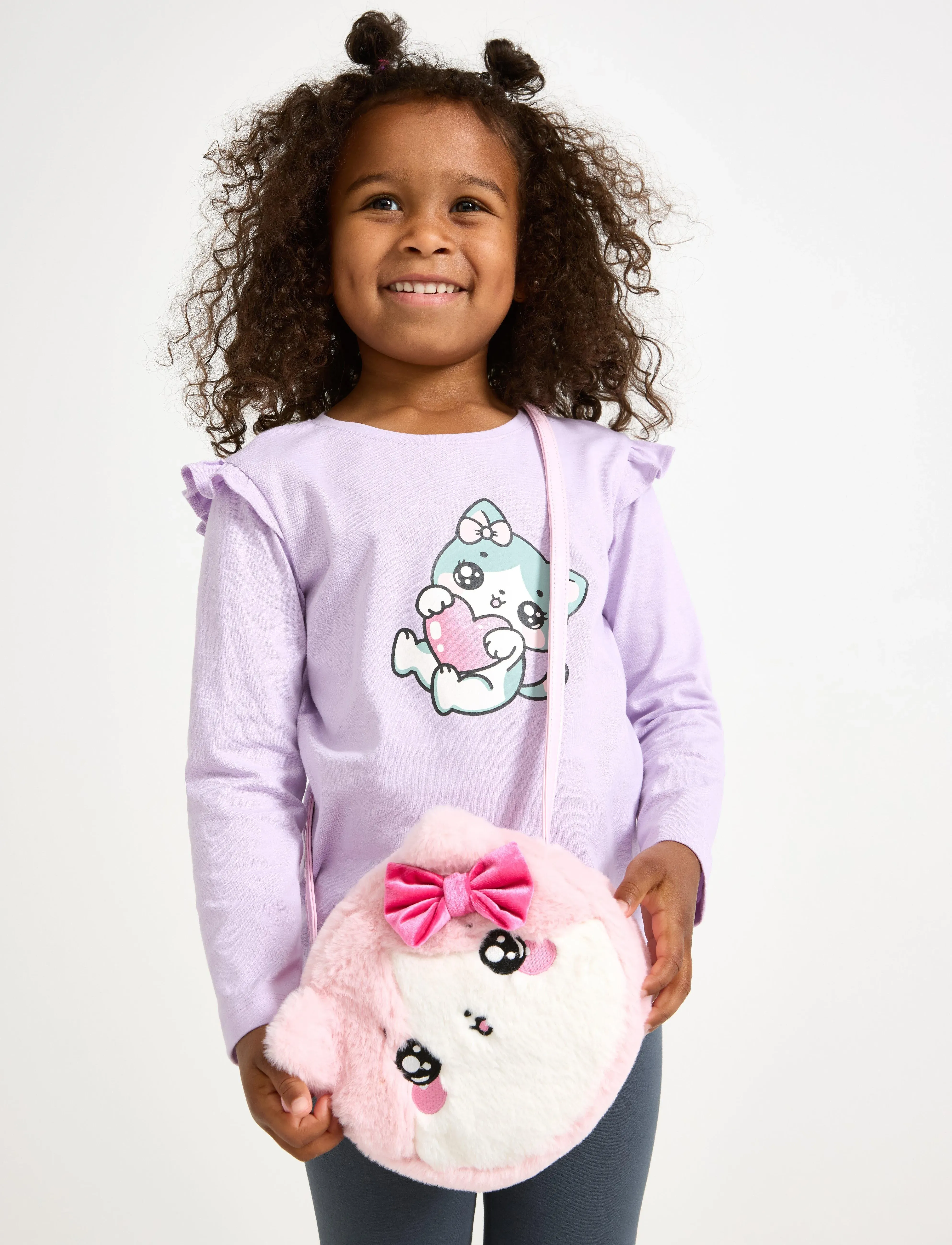 Lindex Top With Frill Detail Cat Prin, 92, Purple, T-Shirts > Langærmede T-shirts, Børn