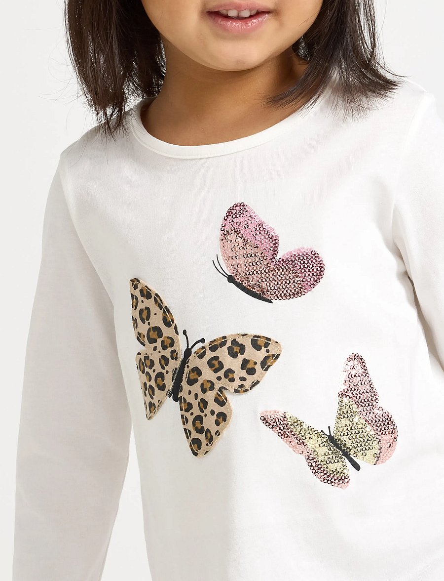 Lindex - Top ls leo sequins butterfli - långärmade t-shirts - light dusty white - 4