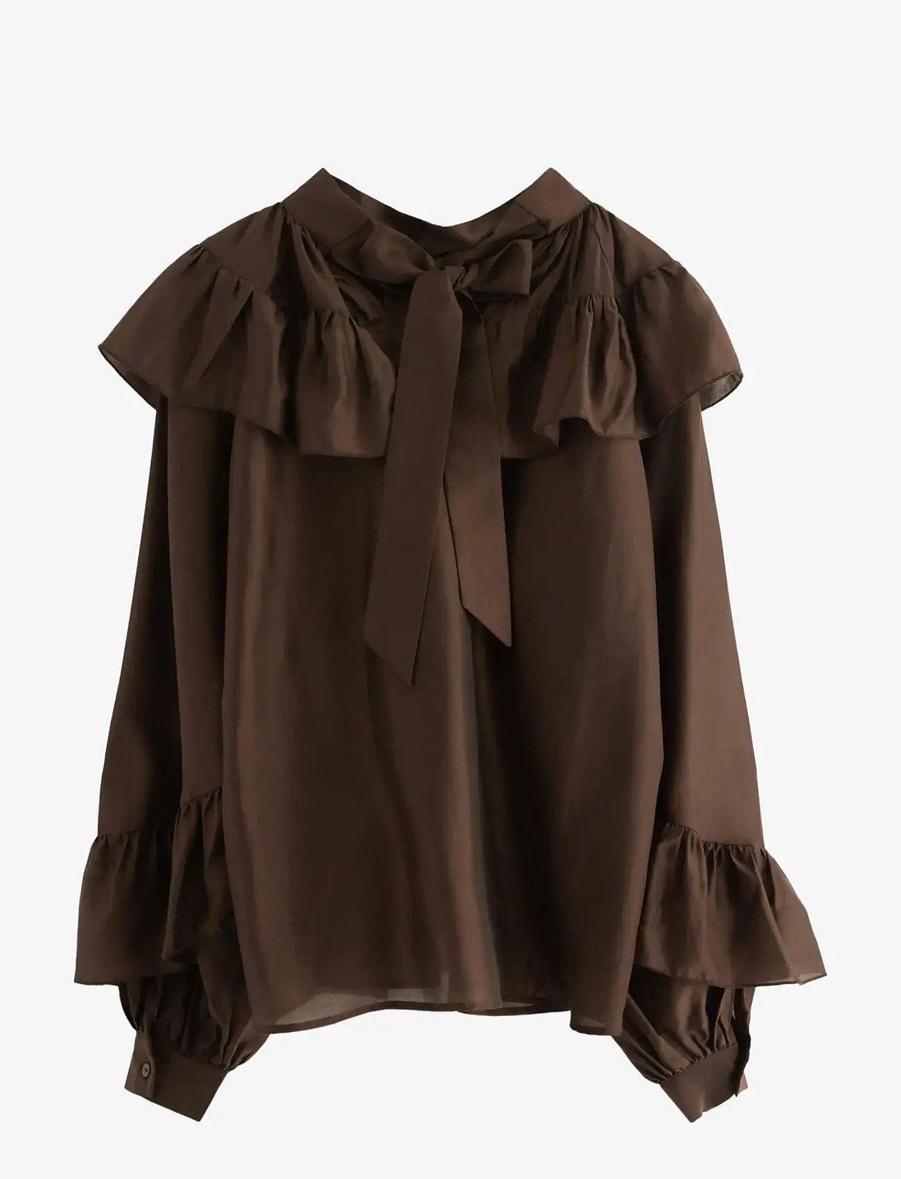 Lindex - Bluse med volanger - long-sleeved blouses - brown - 0