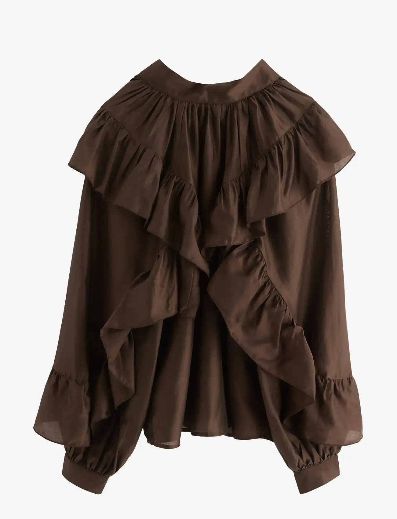 Lindex - Bluse med volanger - long-sleeved blouses - brown - 1