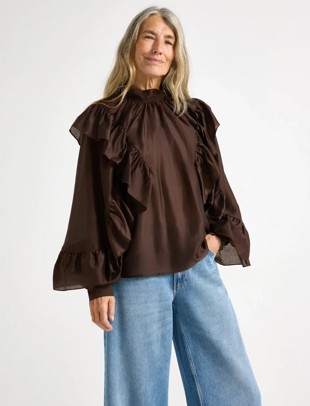 Lindex - Bluse med volanger - langærmede bluser - brown - 0