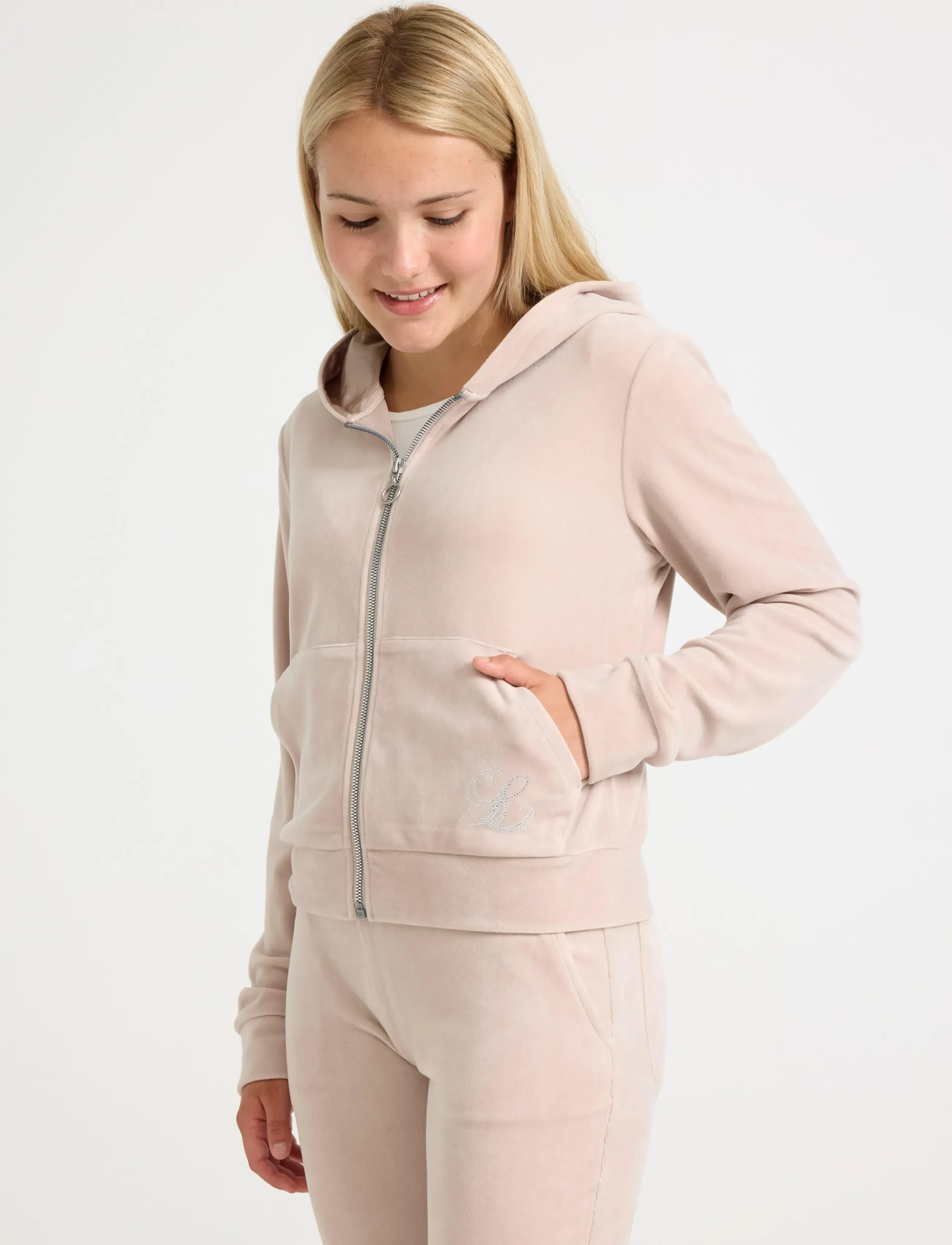 Lindex Hettegenser I Velur, Børn, Velour Lynlås Hættetrøje, Cream, Str: 170