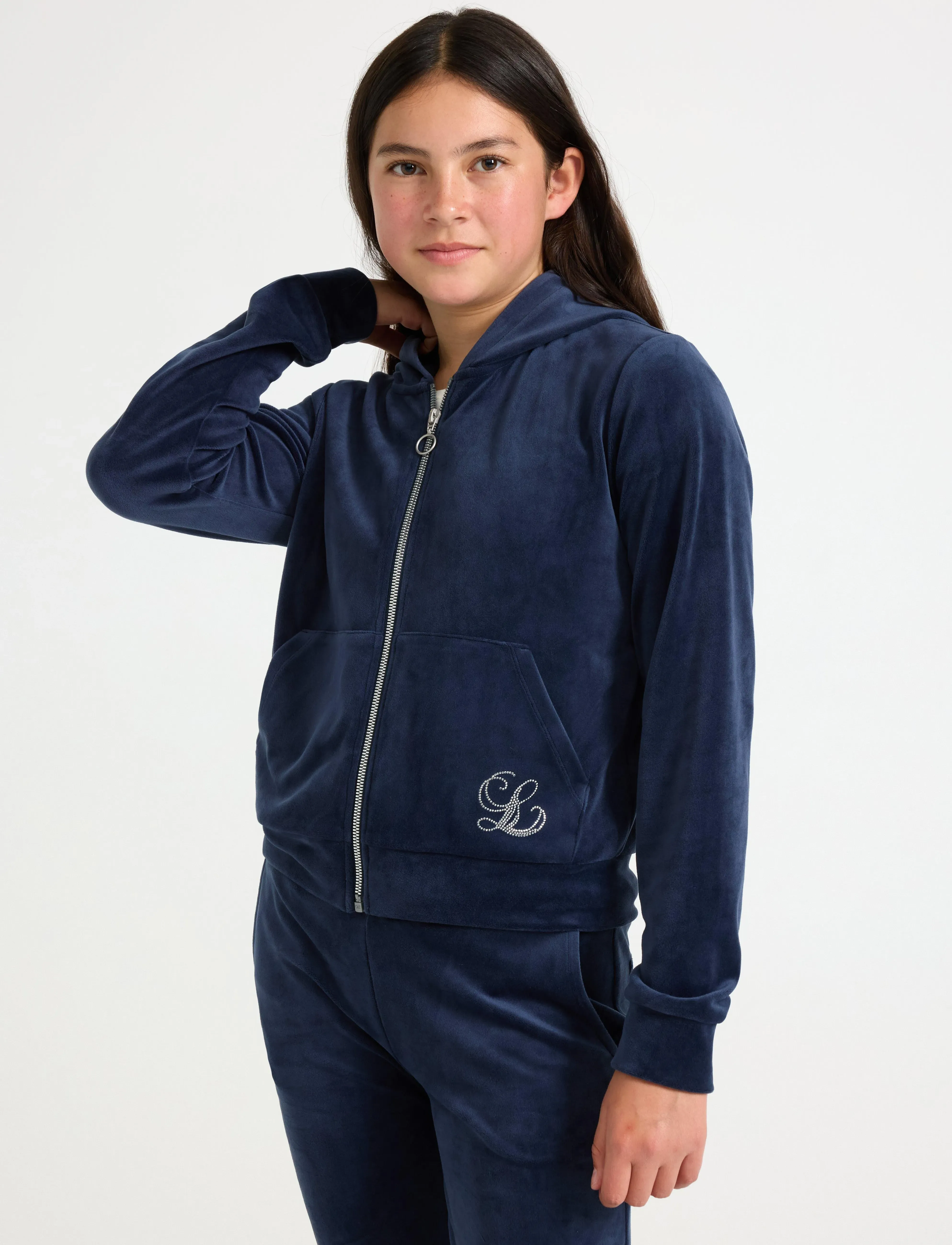 Lindex Hettegenser I Velur, Børn, Velour Lynlås Hættetrøje, Navy, Str: 128