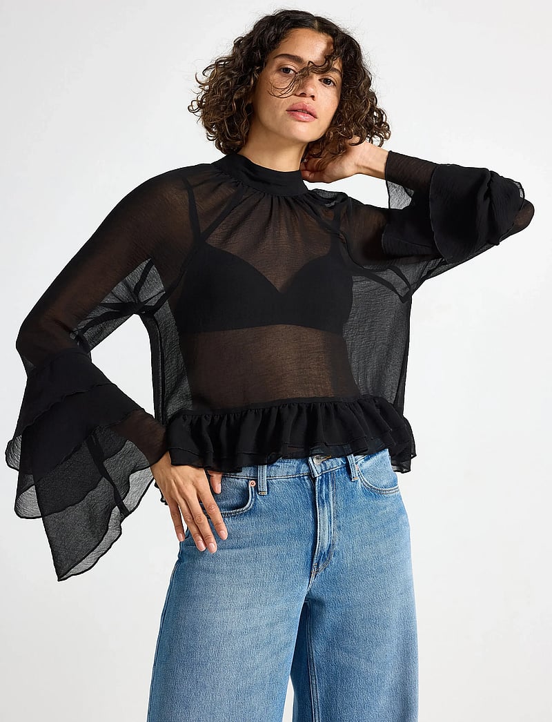 Lindex - Rent bluse med volanger - långärmade blusar - black - 0