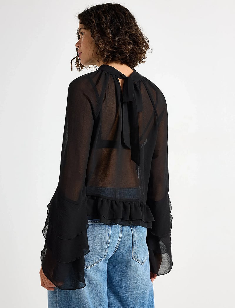 Lindex - Rent bluse med volanger - långärmade blusar - black - 3