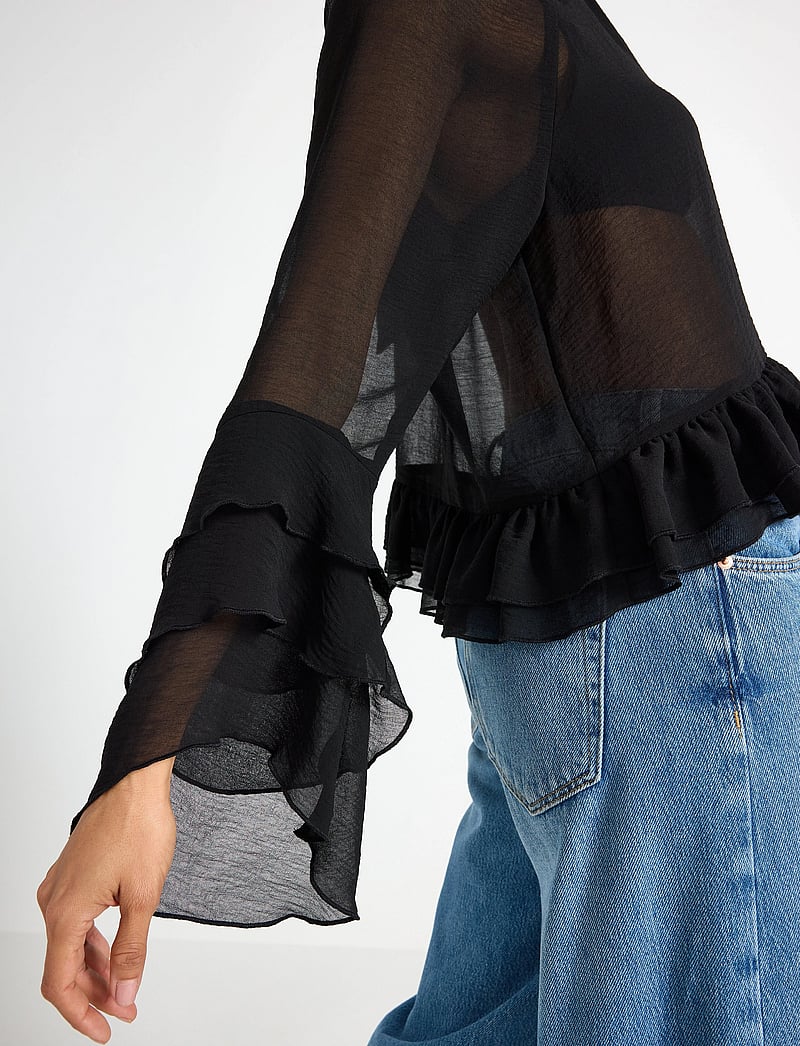 Lindex - Rent bluse med volanger - långärmade blusar - black - 4