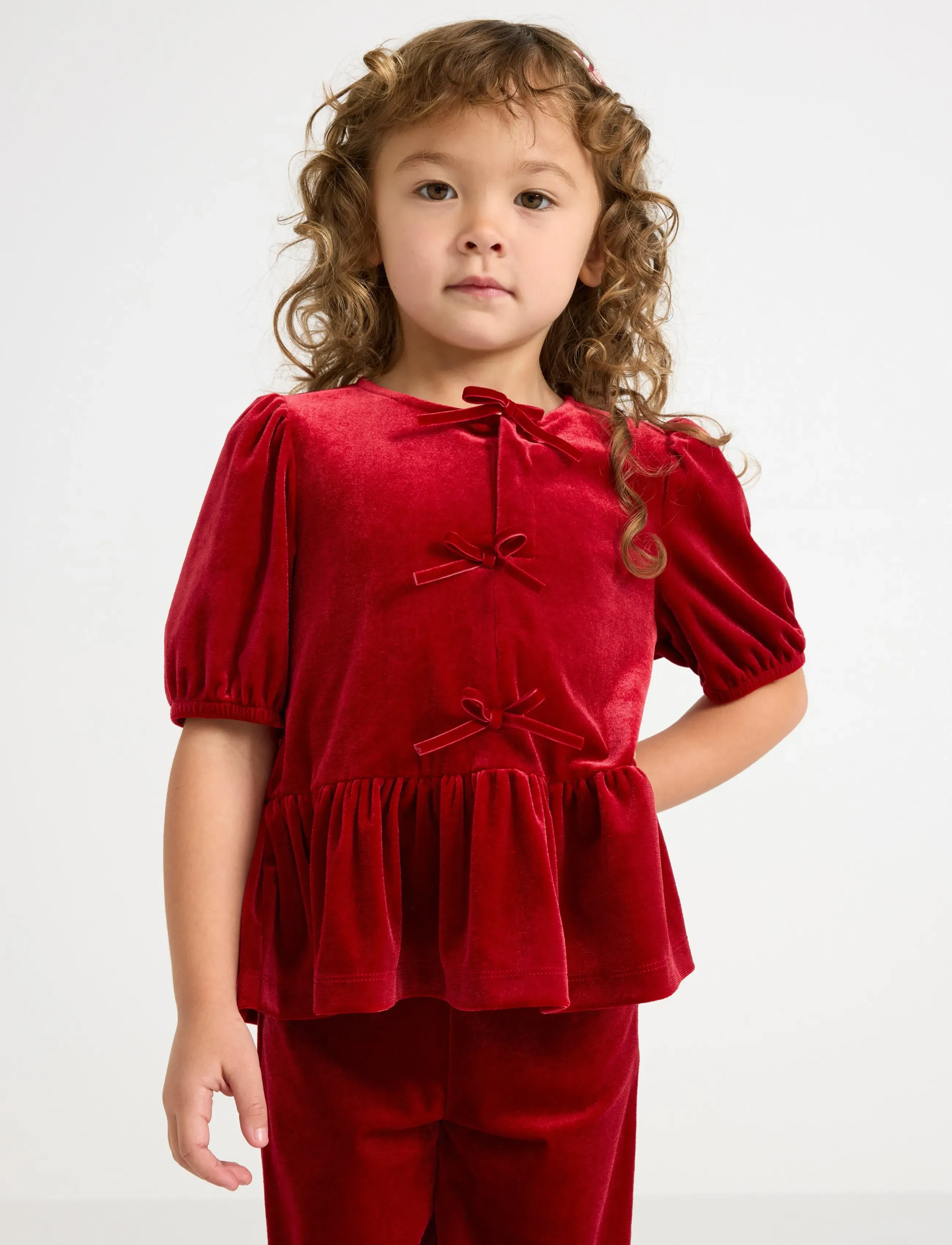 Lindex Kortærmet Top I Fløjl, Børn, Fløjls Peplum Top, Rød, Str: 104