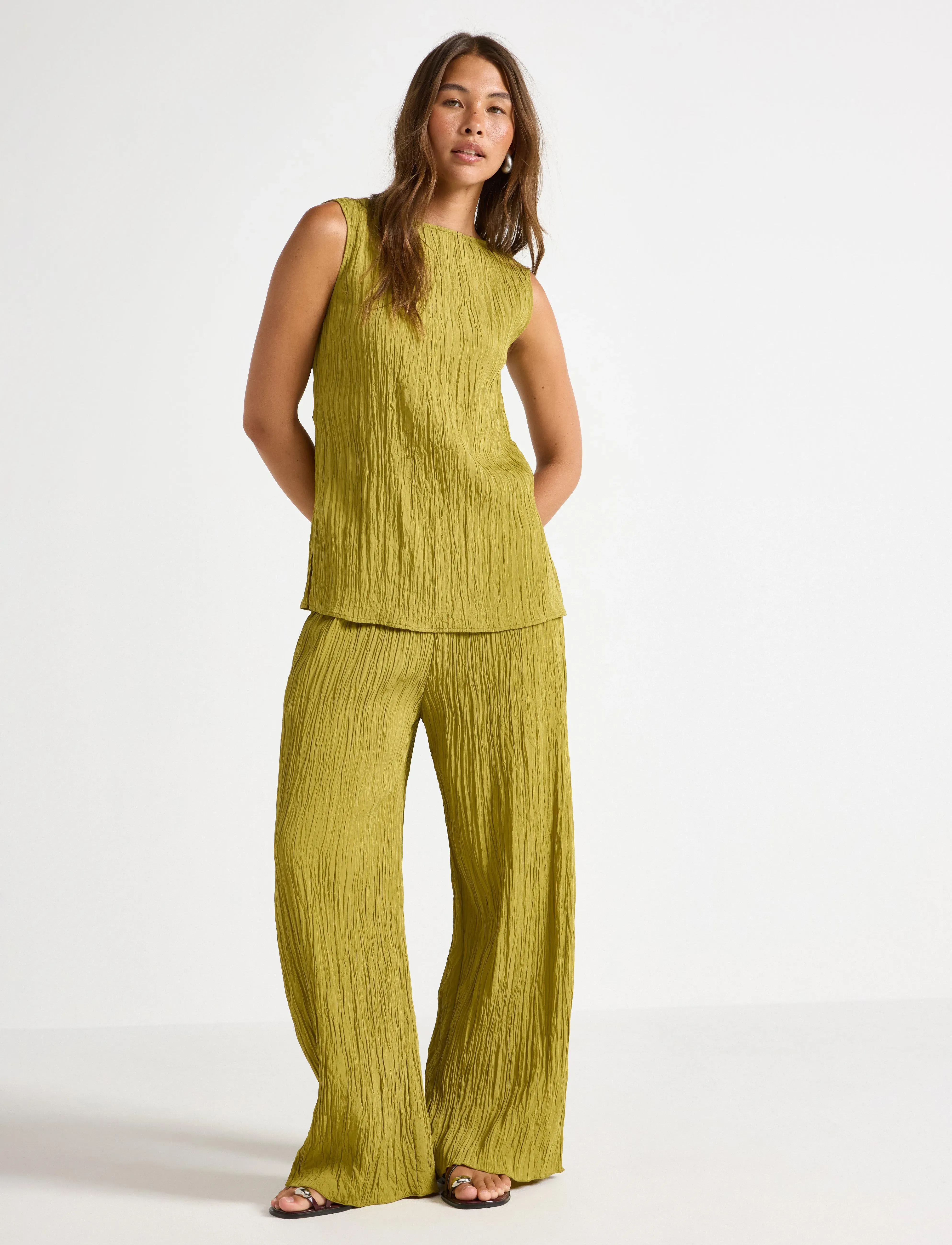 Lindex Trouser Verona Crinkle, M, Trousers, Grün - Straight Leg, Frauen