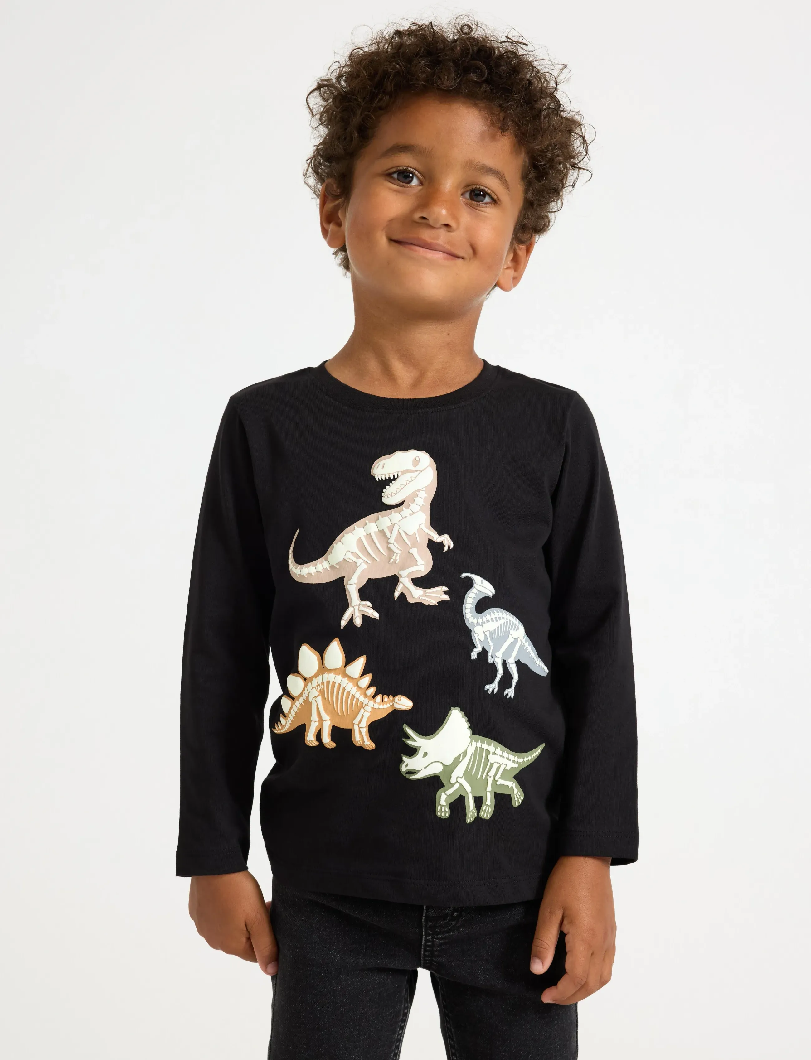 Lindex Langærmet Top, Børn, Dino Skelet Print Langærmet Top, Sort, Str: 98
