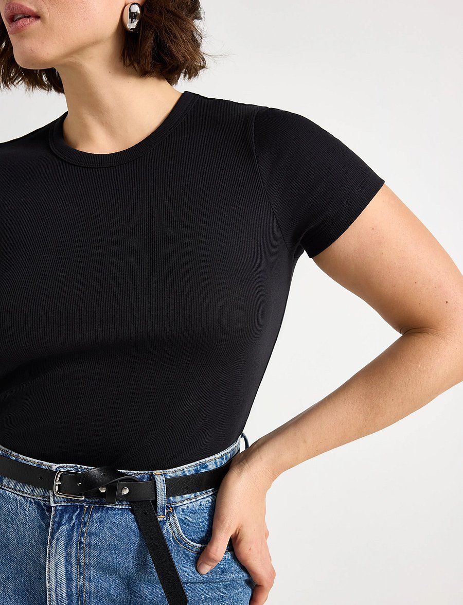 Lindex - Short-sleeved ribbed top - t-shirts - black - 4