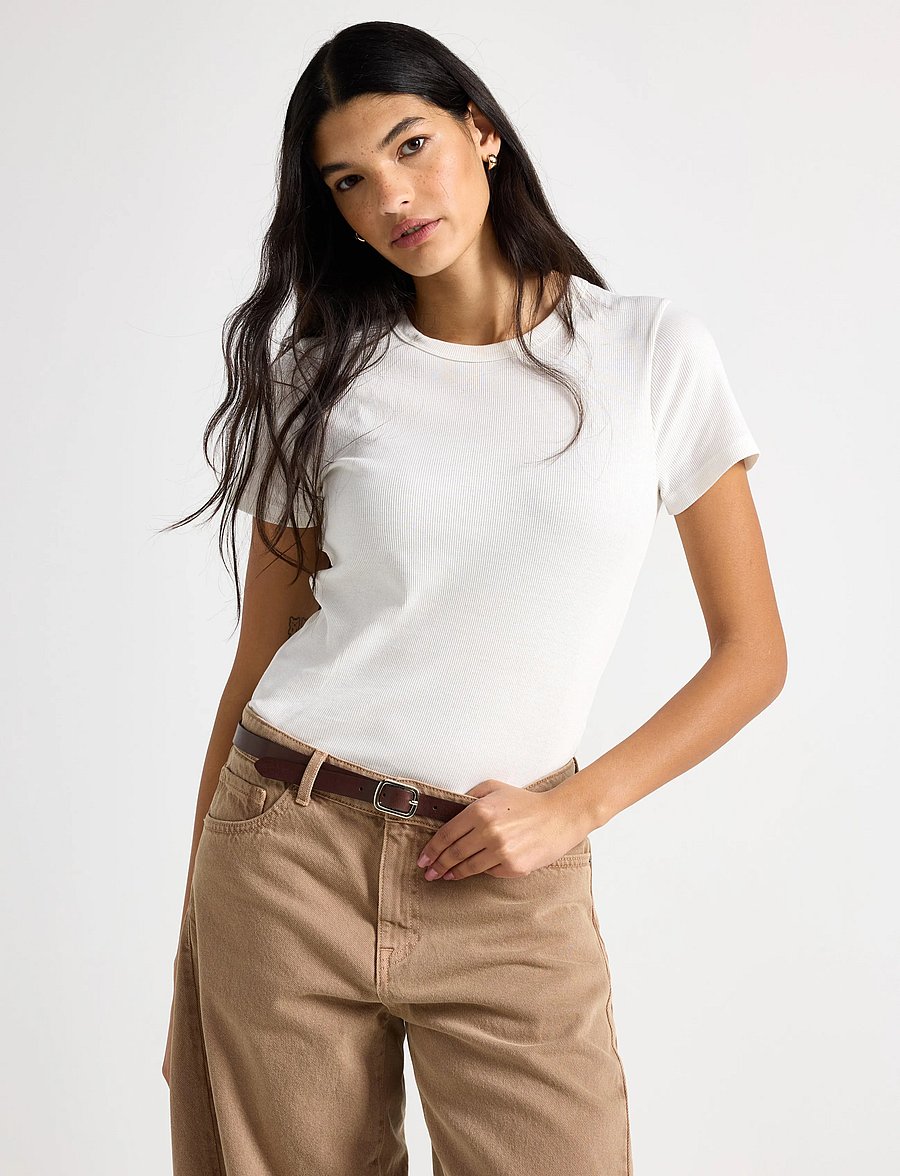 Lindex - Short-sleeved ribbed top - t-shirts - off white - 0