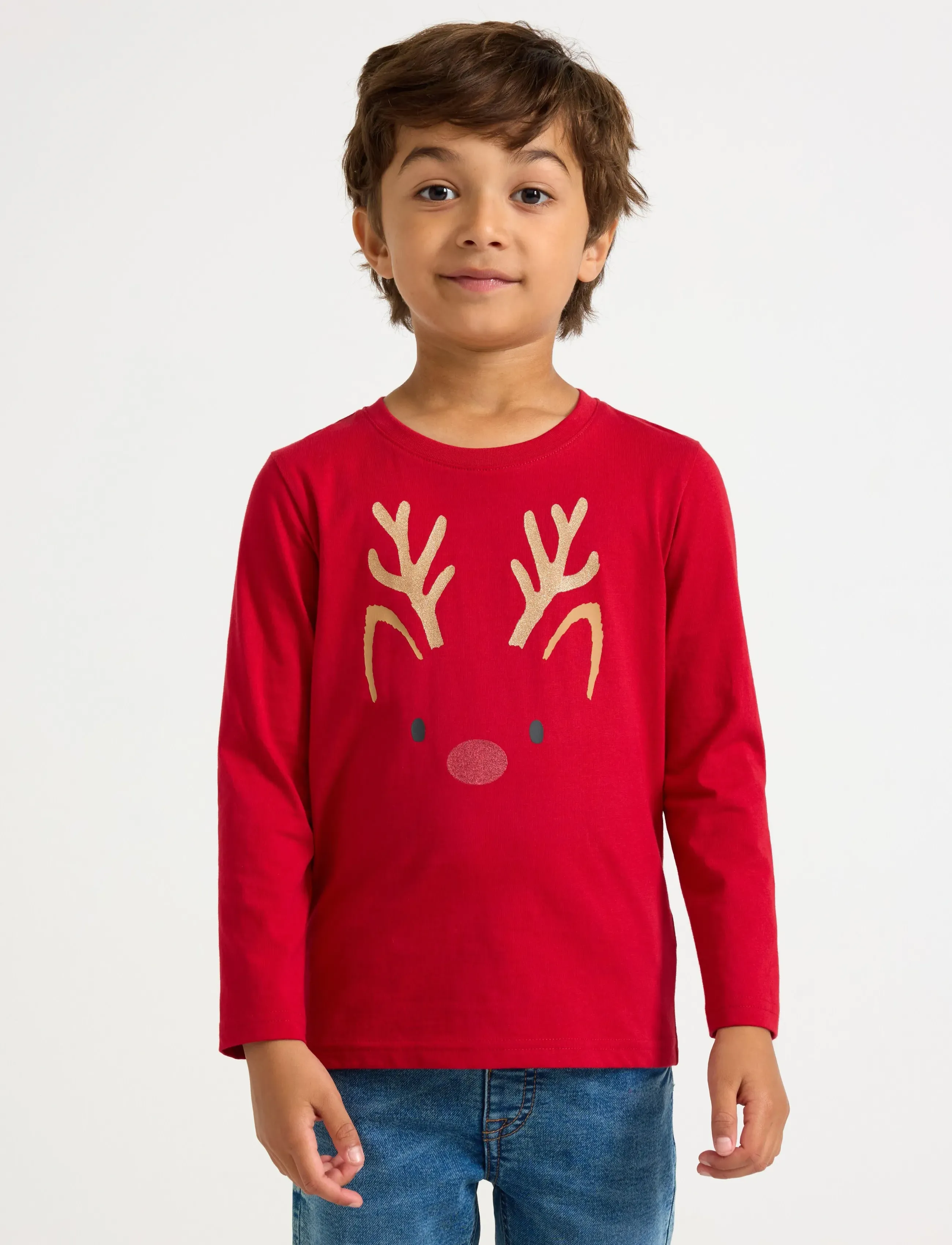 Lindex Top Ls Reindeer 3D, 110, T-shirts, Rot - Long-sleeved Kinder