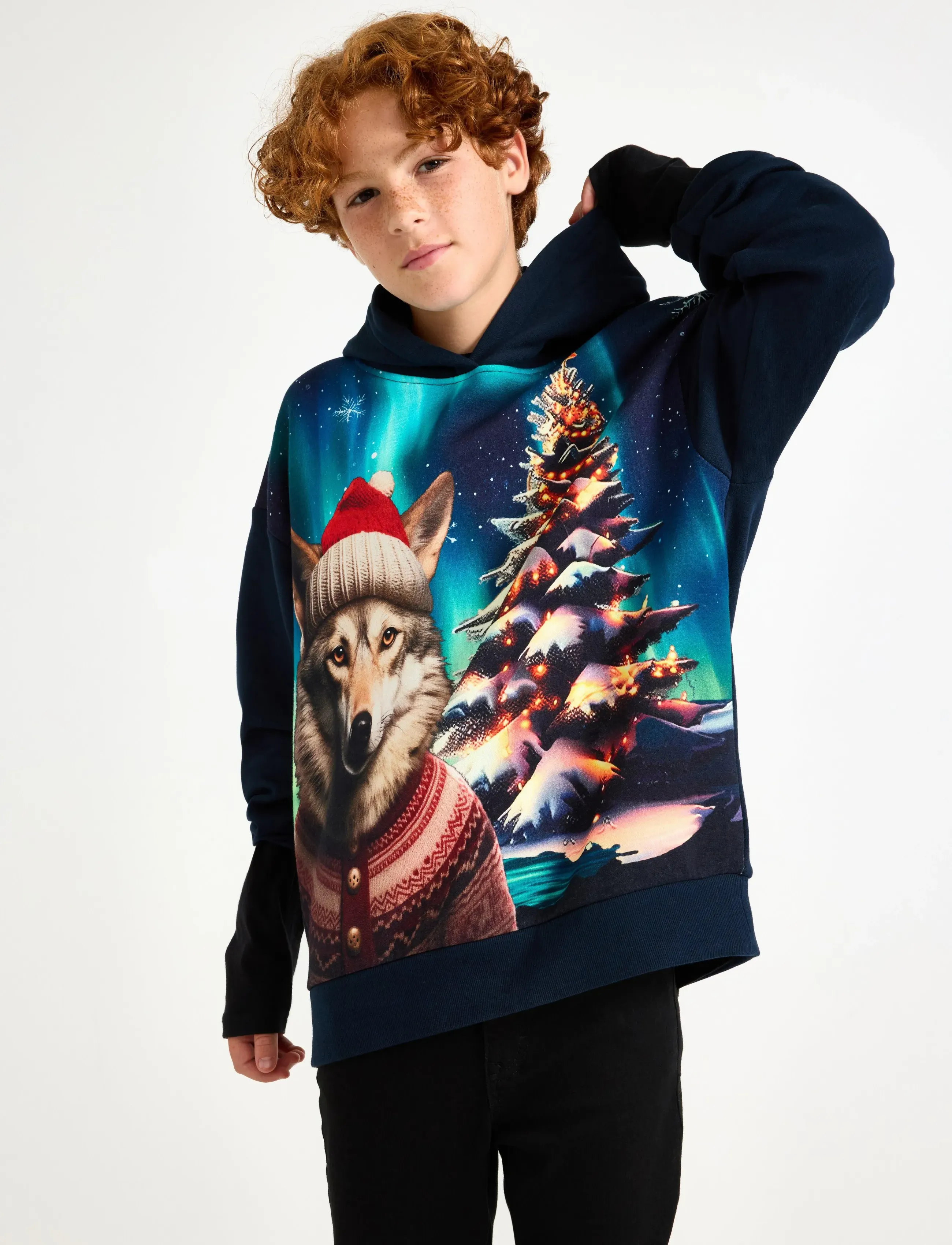 Lindex Sweatshirt Hood Christmas Ai, Børn, Julehættetrøje, Navy, Str: 128