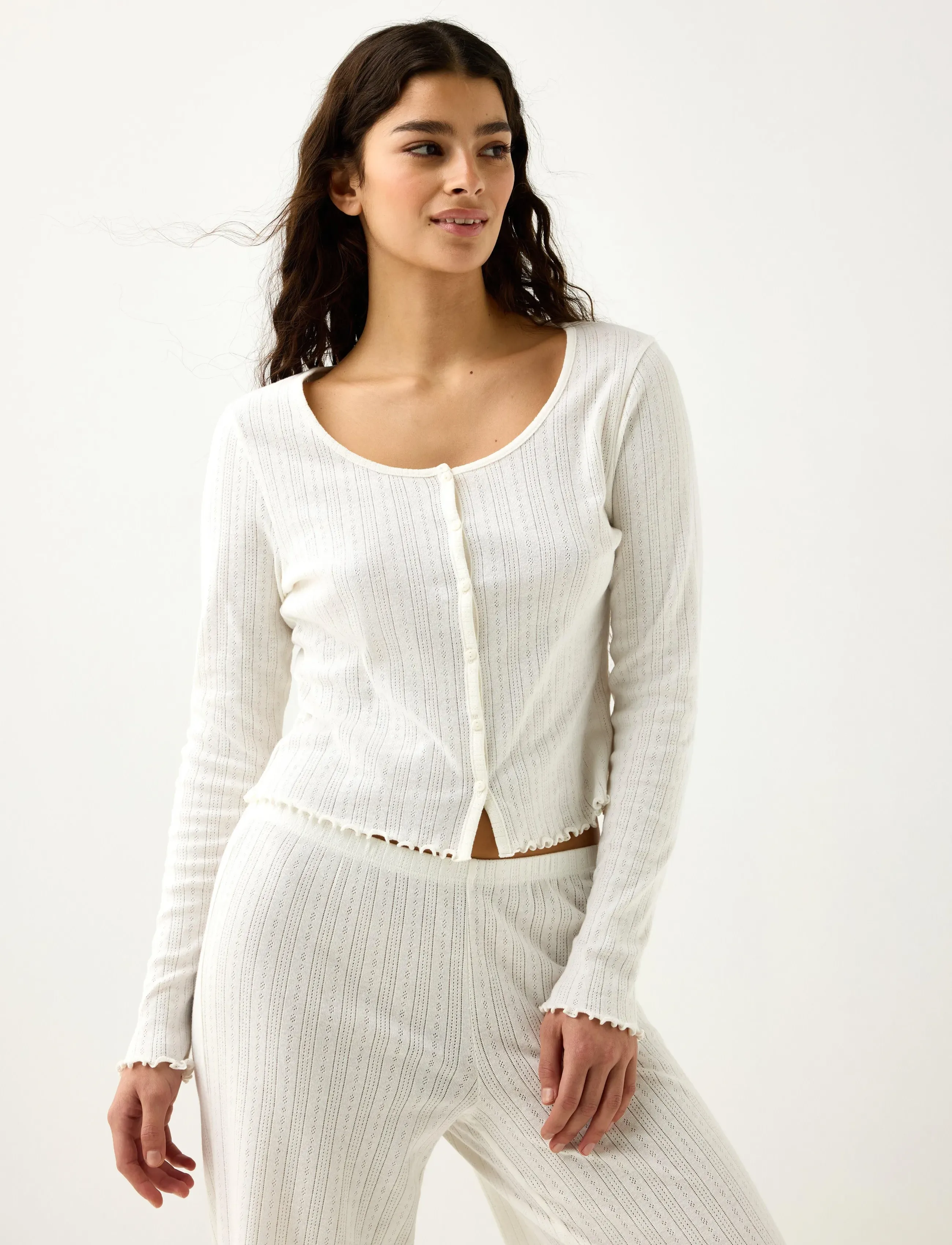 Lindex Pyjama Top, XS, Crop Oberteile, Creme - Long-sleeved Frauen