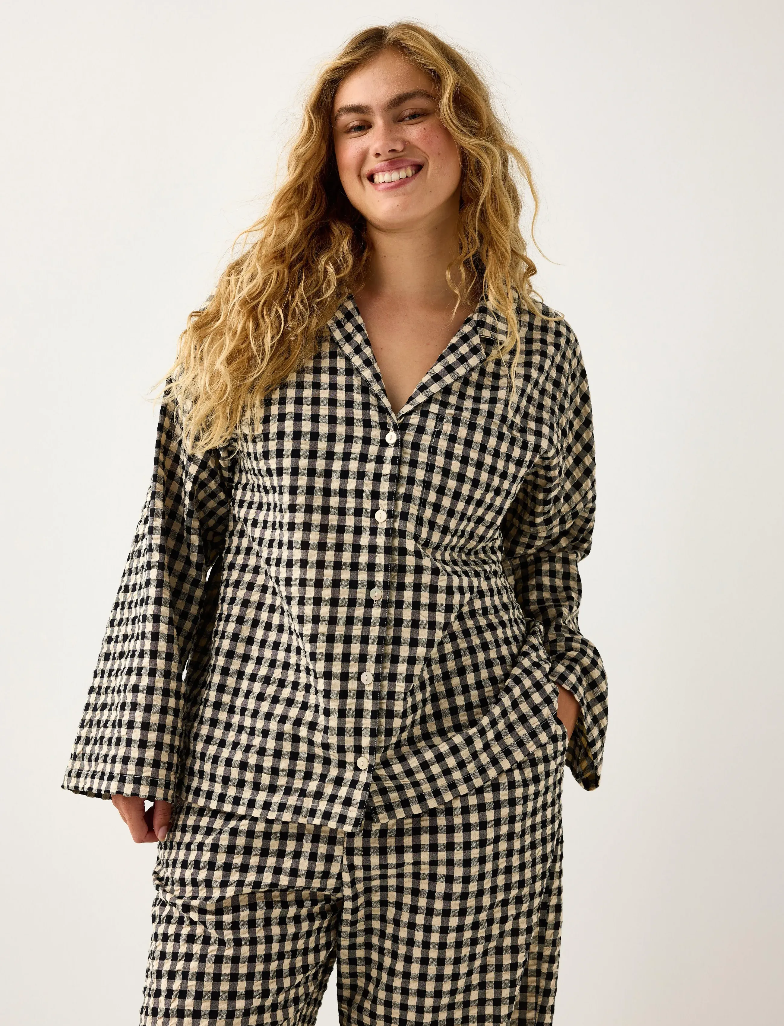 Lindex Pyjama shirt in seersucker - Lingerie - BLACK / black