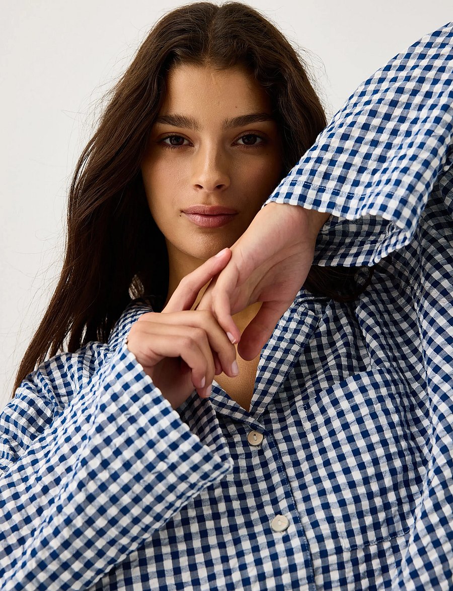 Lindex - Pyjama shirt in seersucker - tops - dark blue - 4