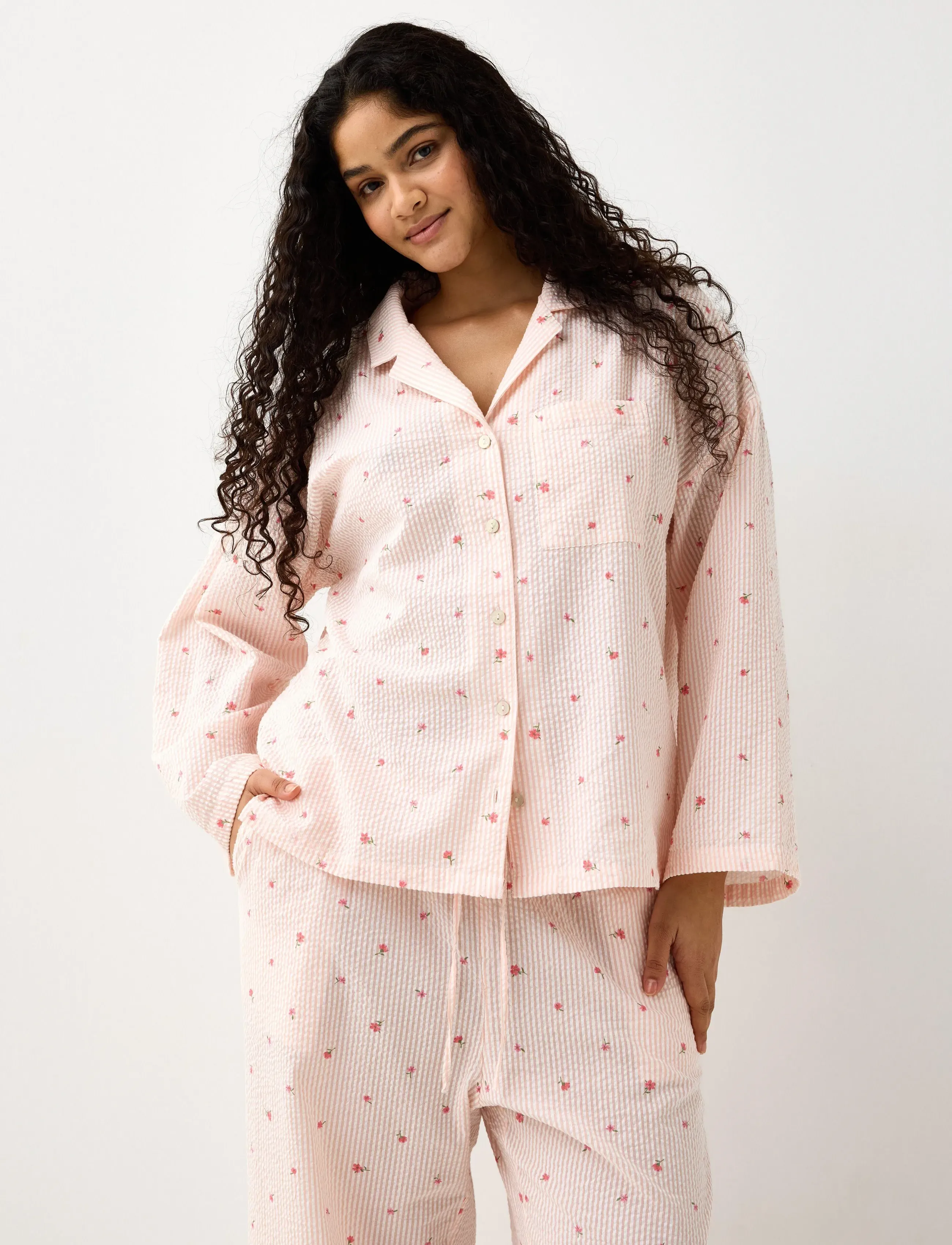 Lindex Pyjama shirt in seersucker - Undertøy - LIGHT CORAL / pink/rose