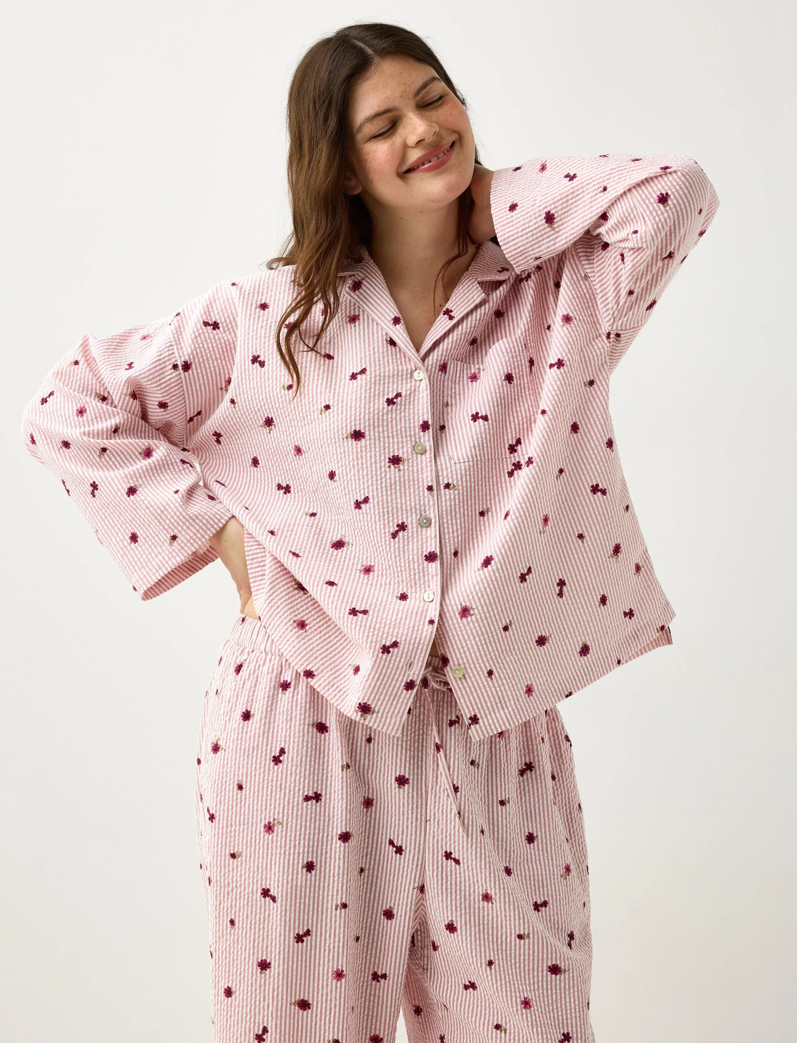 Lindex - Pyjama shirt in seersucker - topid - light dusty pink - 0