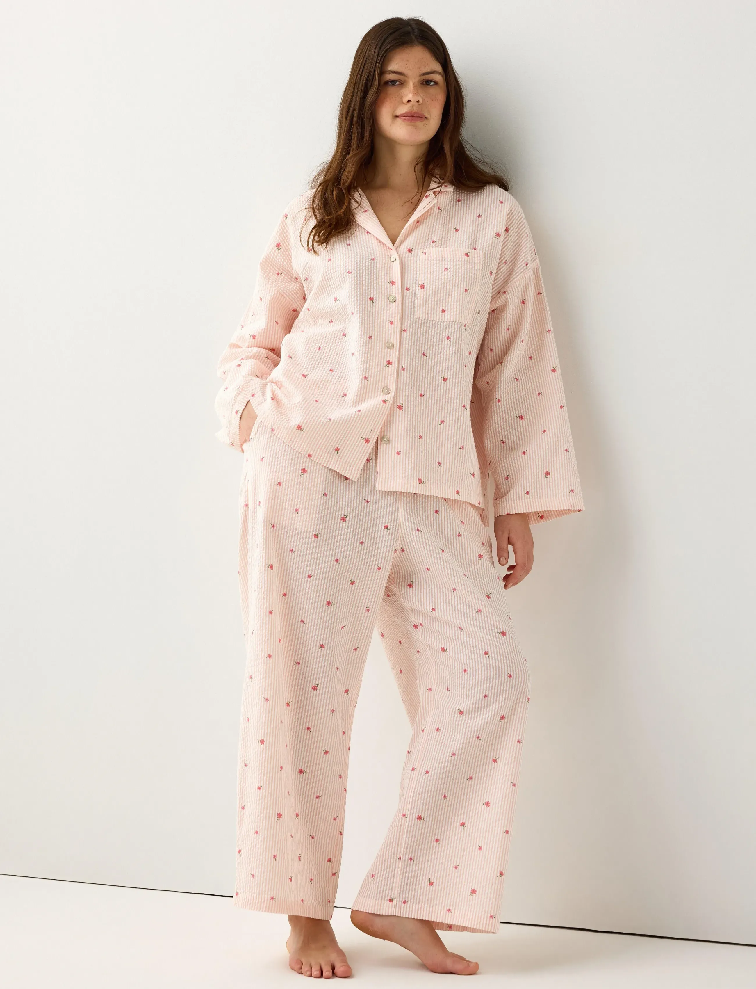 Lindex Pyjama trousers in seersucker - Undertøy - LIGHT CORAL / pink/rose