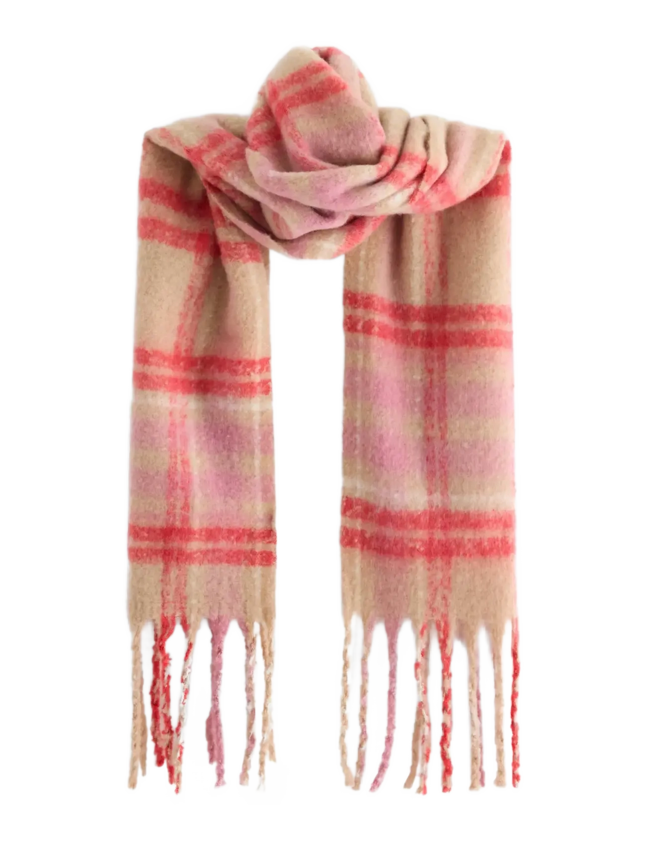 Lindex Scarf Big Fringe Check Wool Ve, One Size, Pink, Tørklæder > Vintertørklæder, Dame