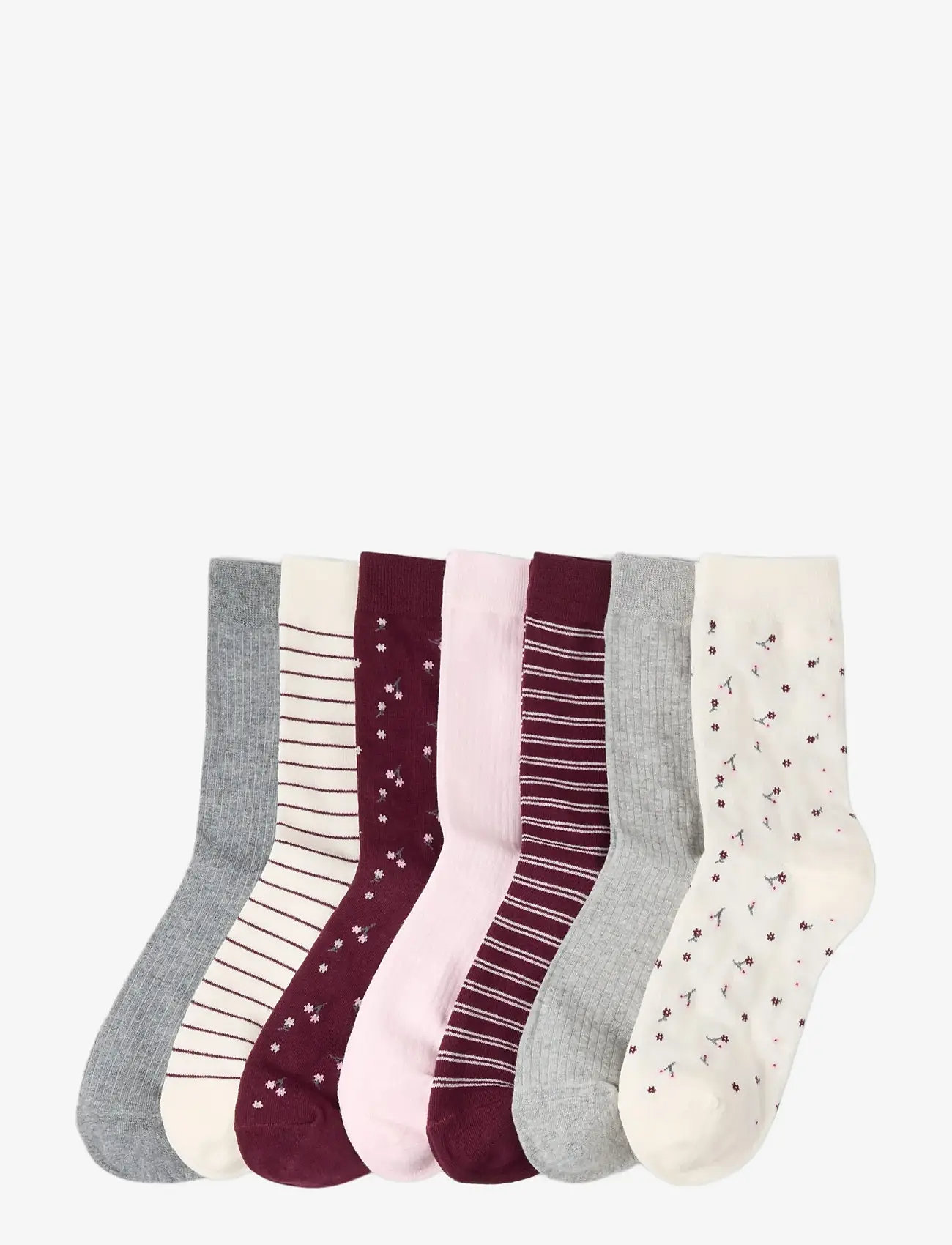 Lindex - Sock 7 p floral stripe - dark dusty red - 0
