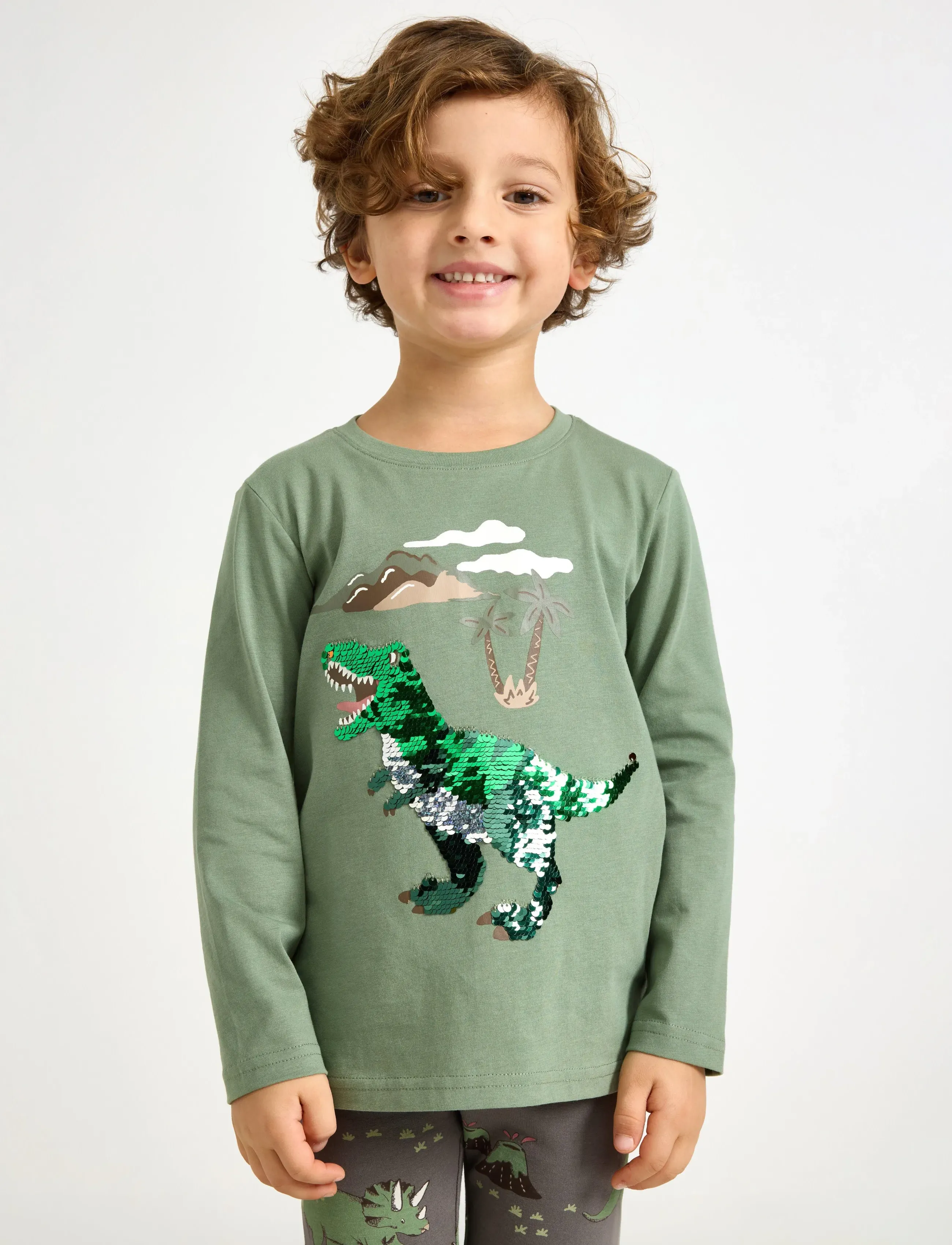 Lindex Top LS Dino Flip Sequin - T-shirts - LIGHT KHAKI / green