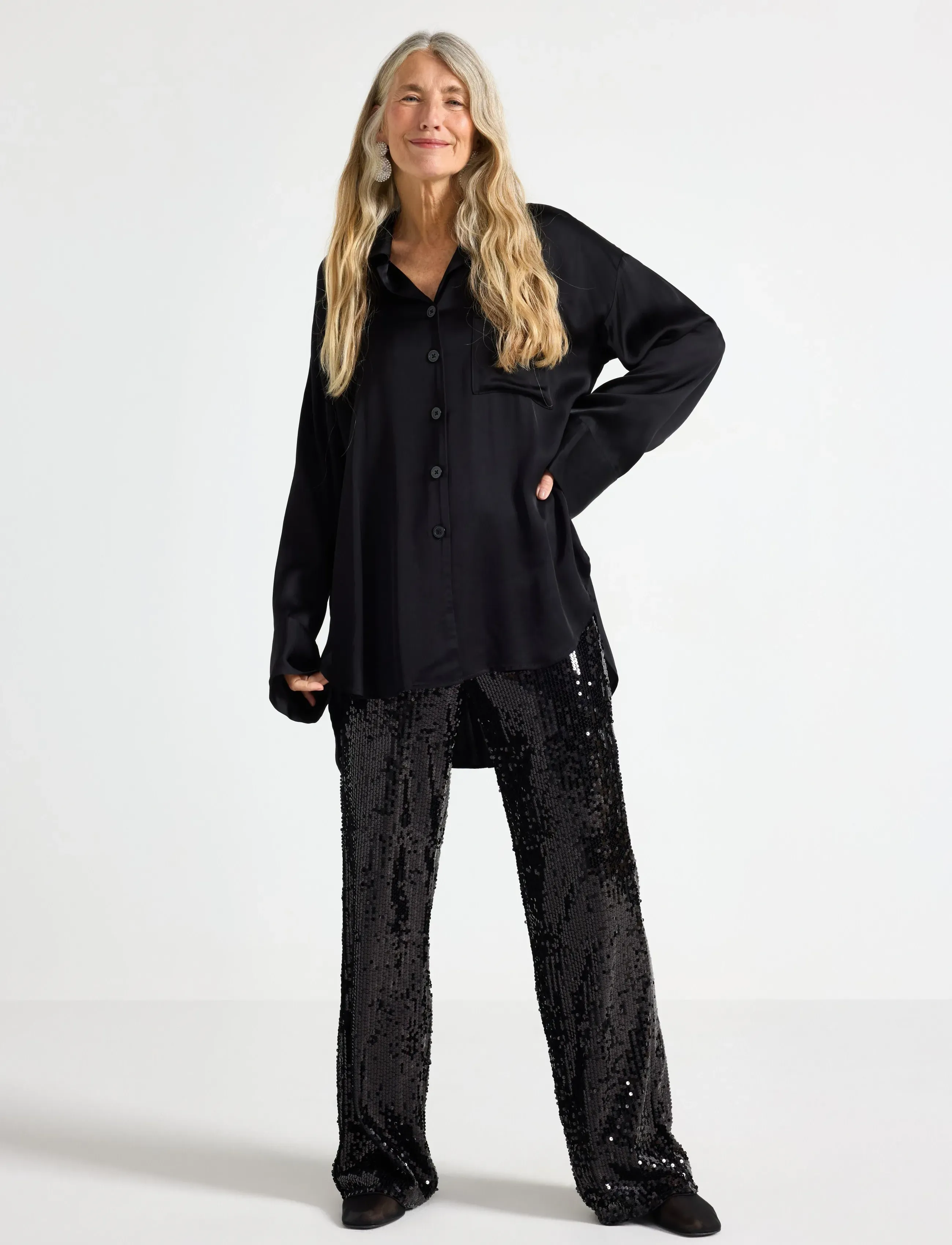 Lindex Trouser Sequin, M, Trousers, Schwarz - Straight Leg, Frauen